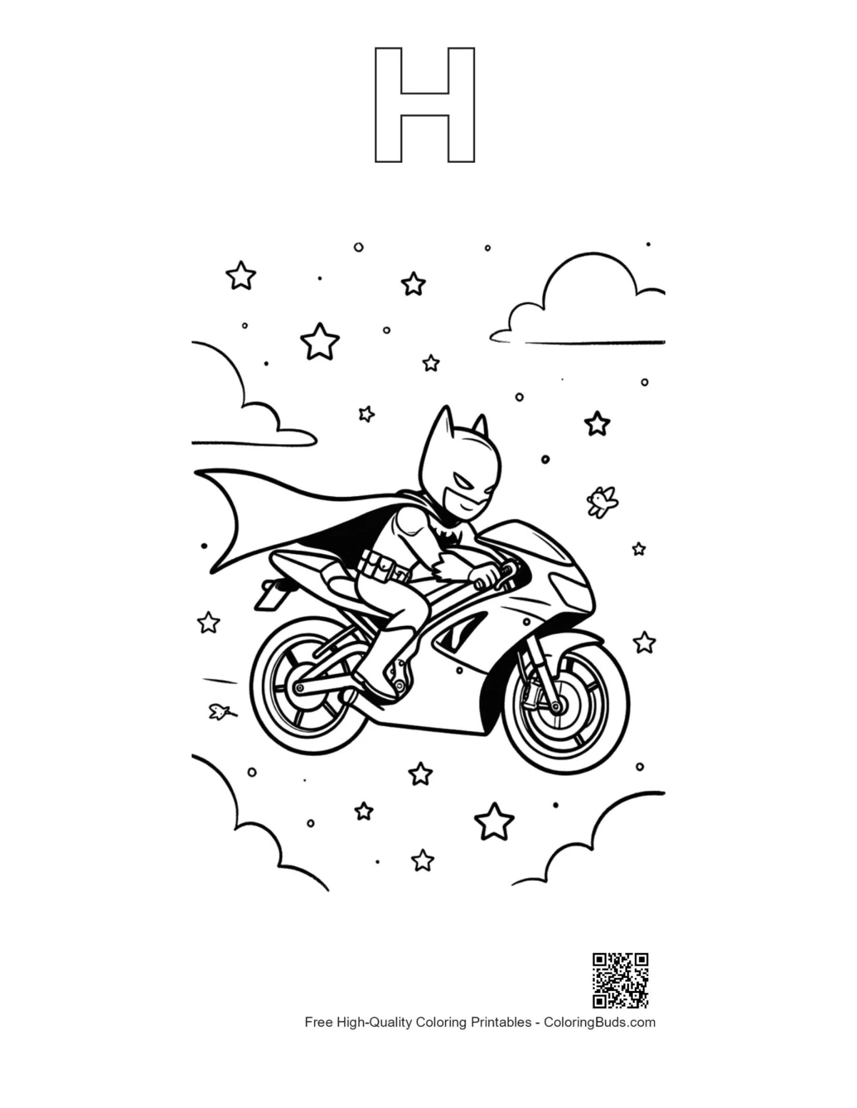 Superhero sport bike coloring page with starry night and H outline