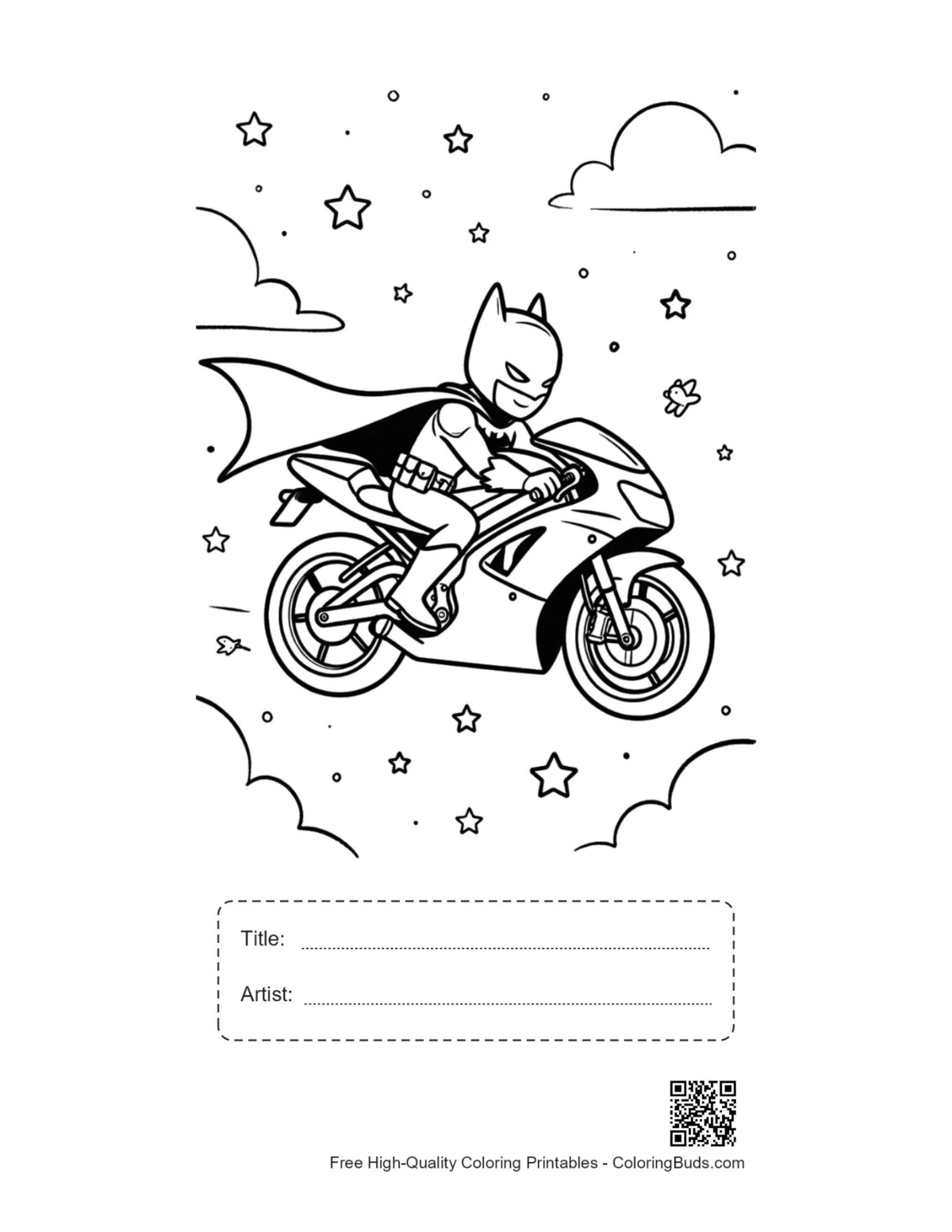 Sport bike superhero starry night coloring page with title box