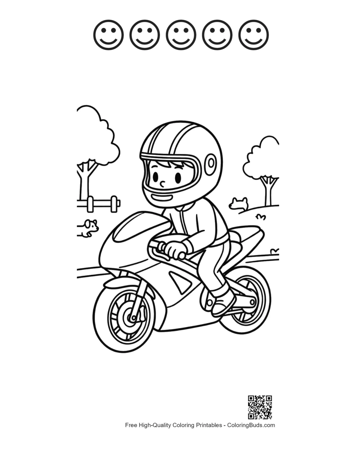 Young boy motorcycle page with happy faces