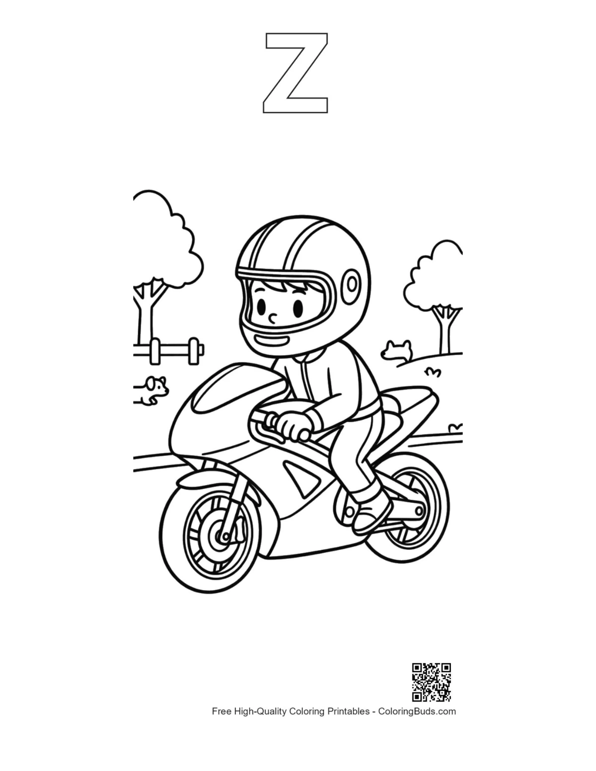 Young boy motorcycle coloring page with Z outline
