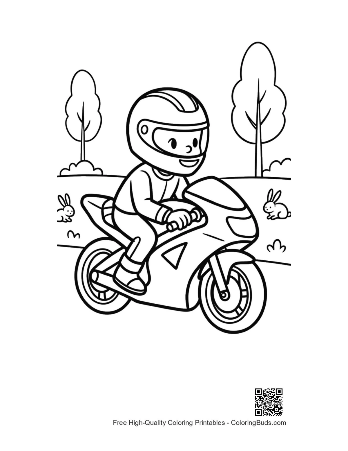 Young boy racing sport motorcycle printable coloring page