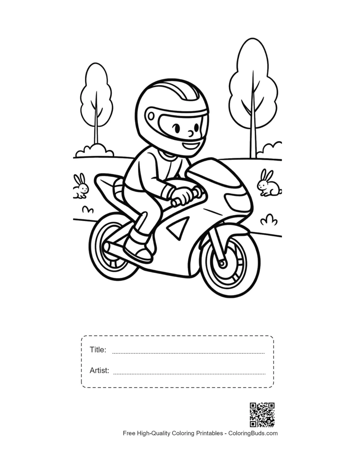 Young boy sport motorcycle coloring page with title artist box