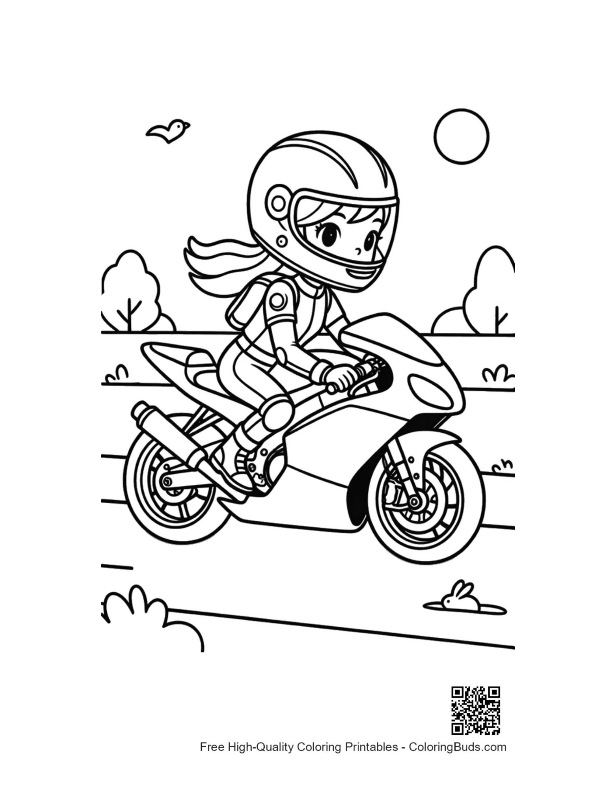 Young girl riding fast sport bike coloring page