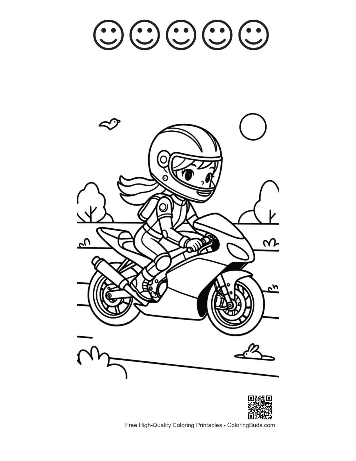 Girl on sport bike coloring page with happy faces