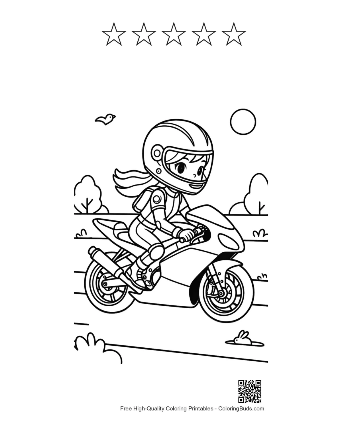 Young girl fast bike coloring page with 5 stars