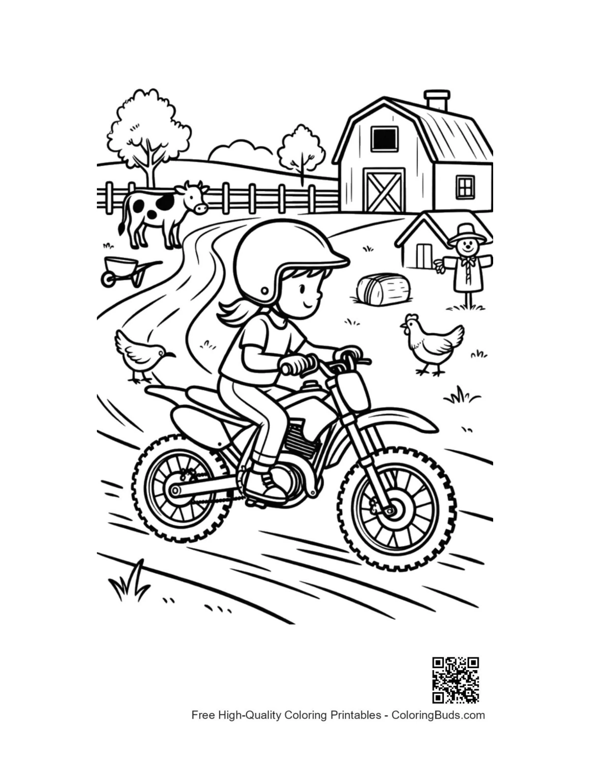 Young rider dirt bike farmhouse silo coloring printable