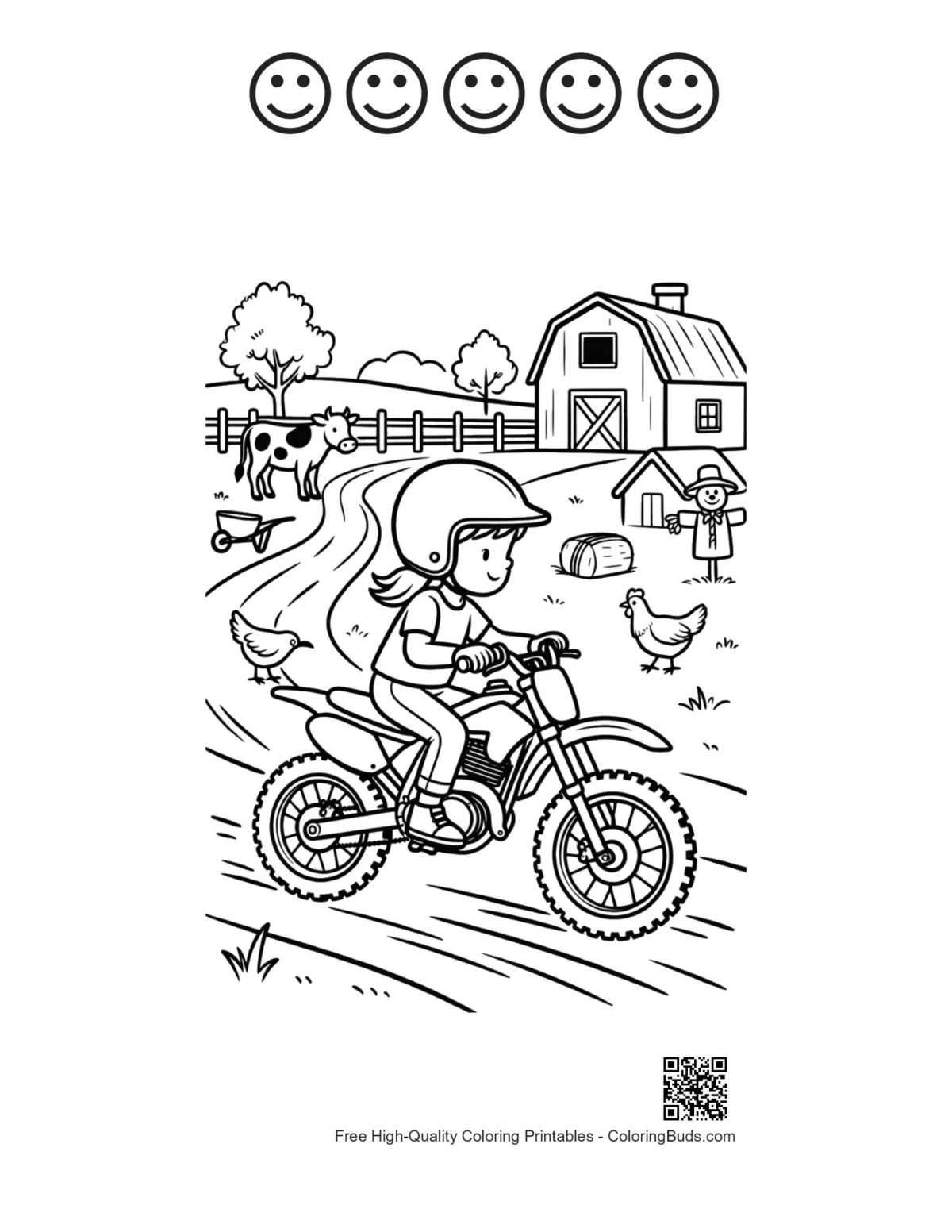 Young rider speeding dirt bike 5 happy faces outline