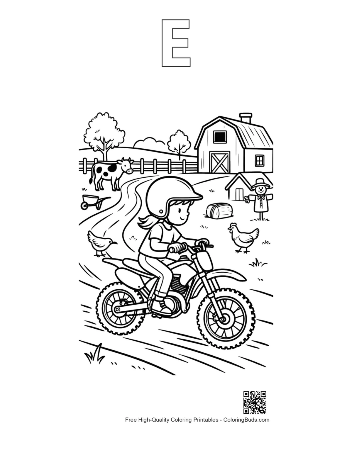 Young rider dirt bike alphabet E outline printable