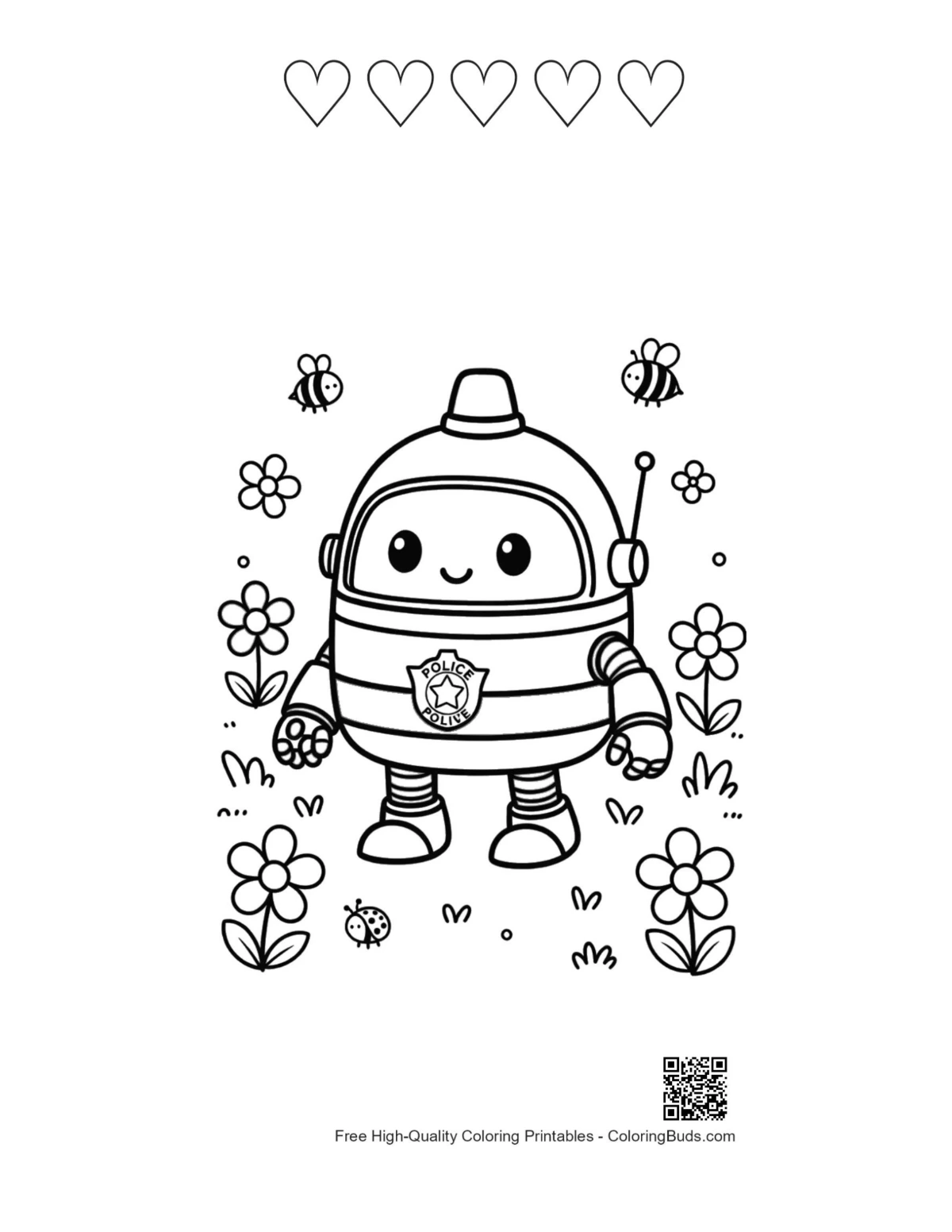 Police cruiser summer garden with 5 heart outlines printable