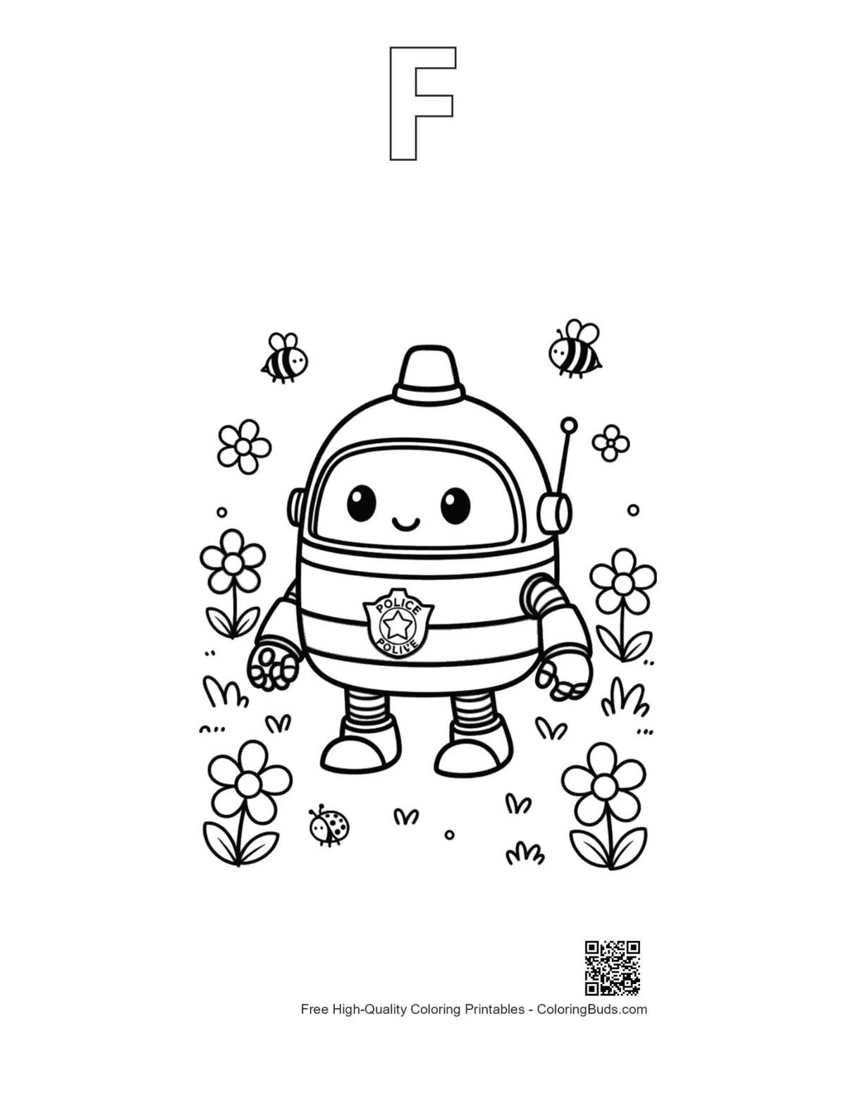 Police cruiser garden printable with alphabet F outline