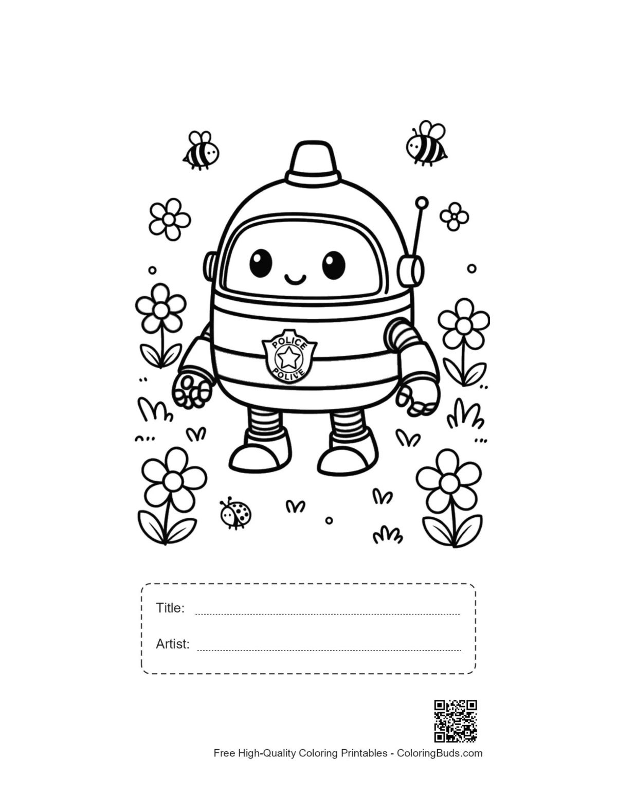 Cheerful police car summer garden printable with title box