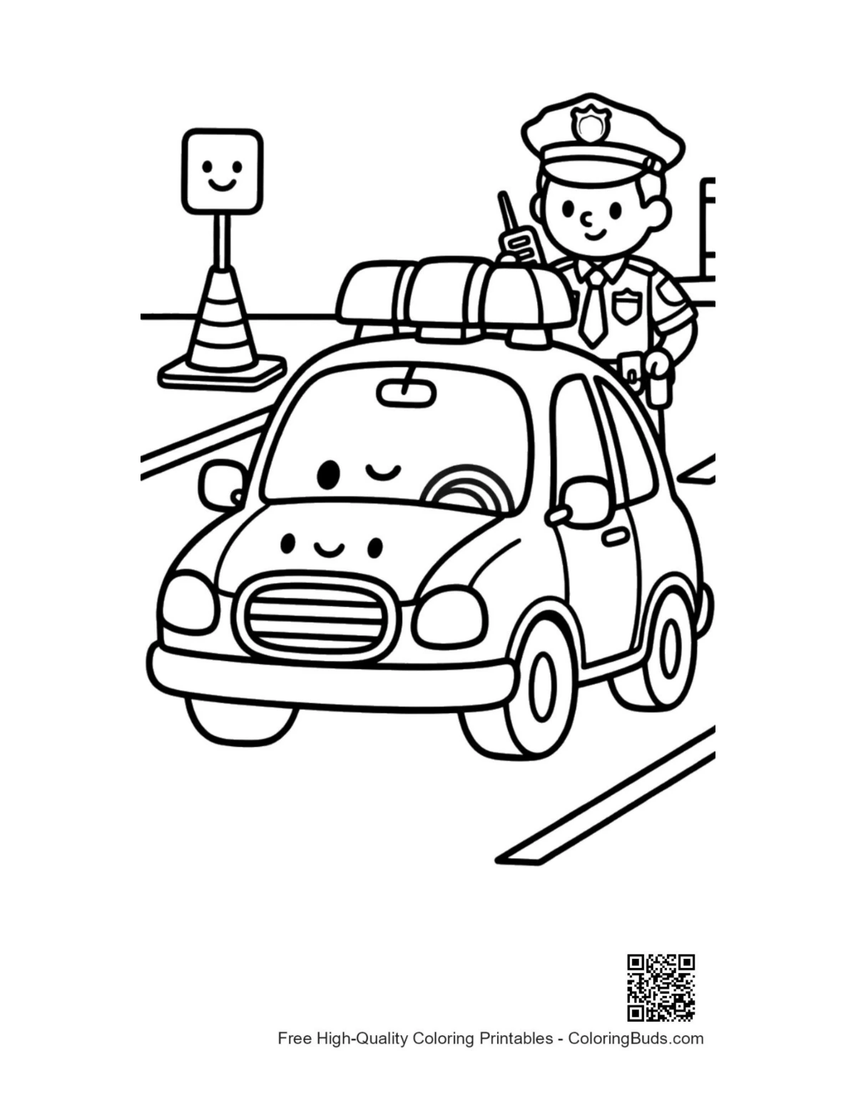 Cute cartoon police car on road printable page