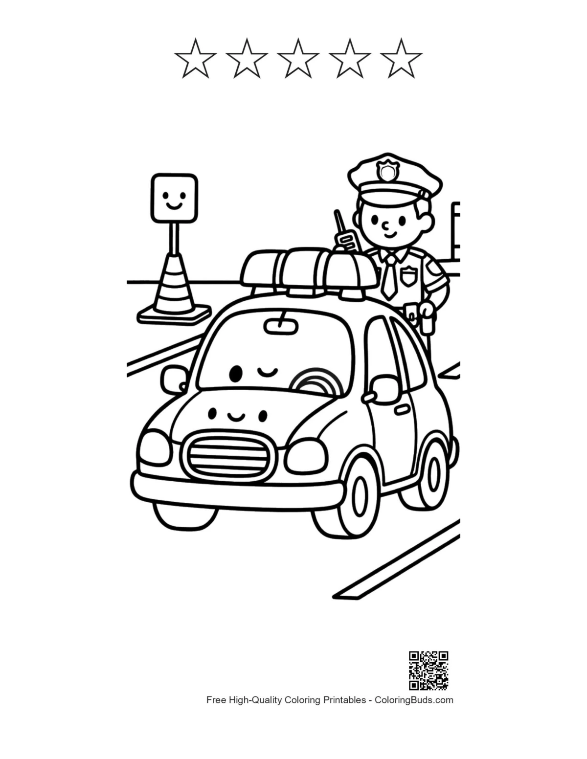 Cute police car with 5 star outlines printable