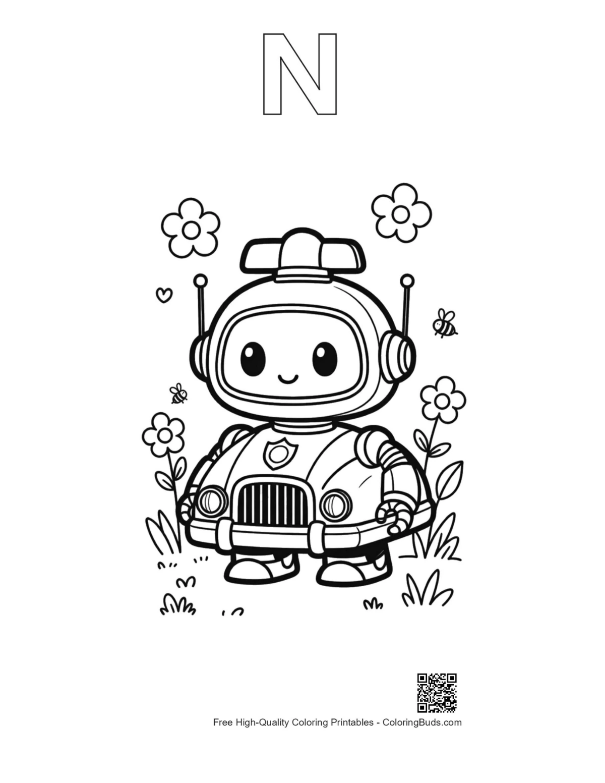 Cute police cruiser coloring sheet with alphabet N outline
