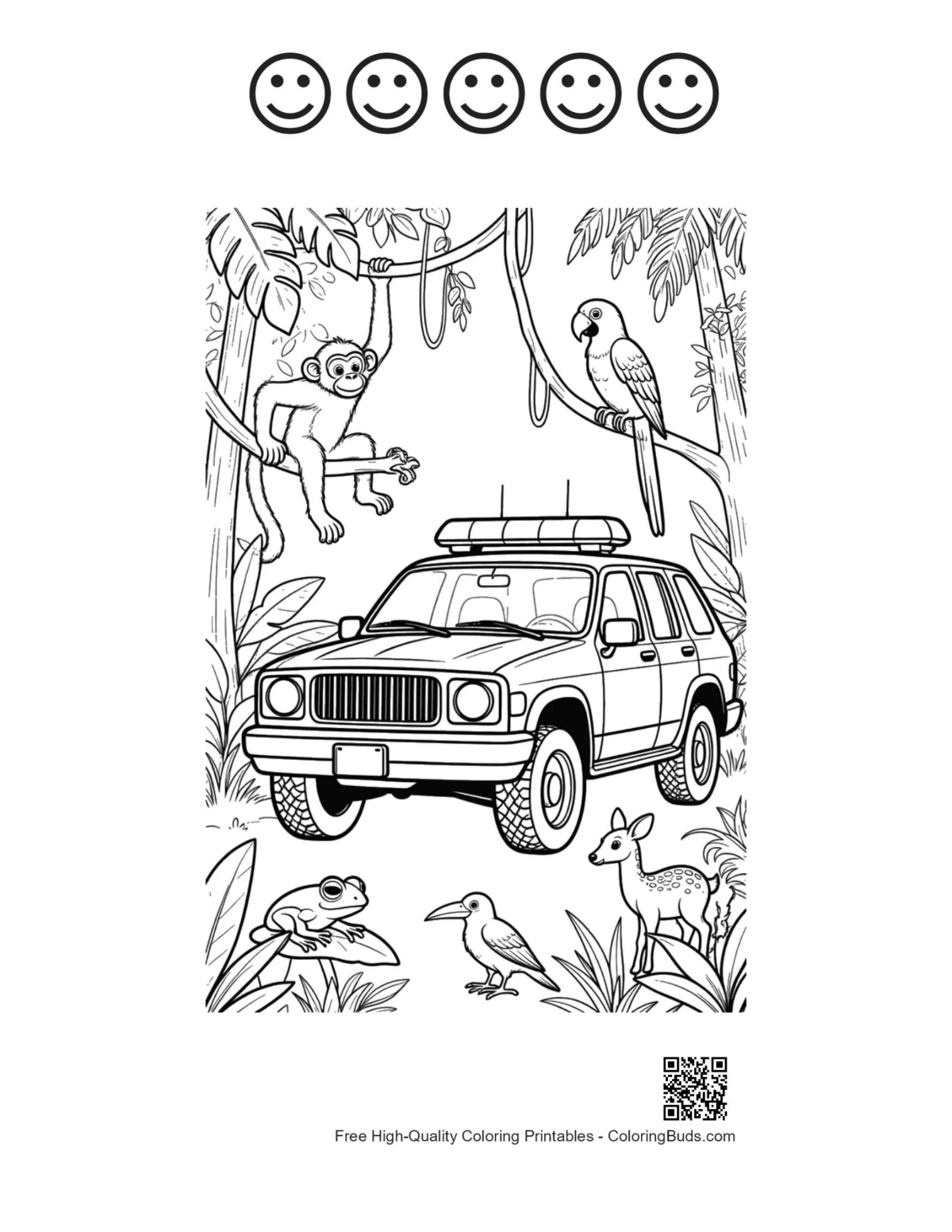 Cute police cruiser and 5 happy faces printable