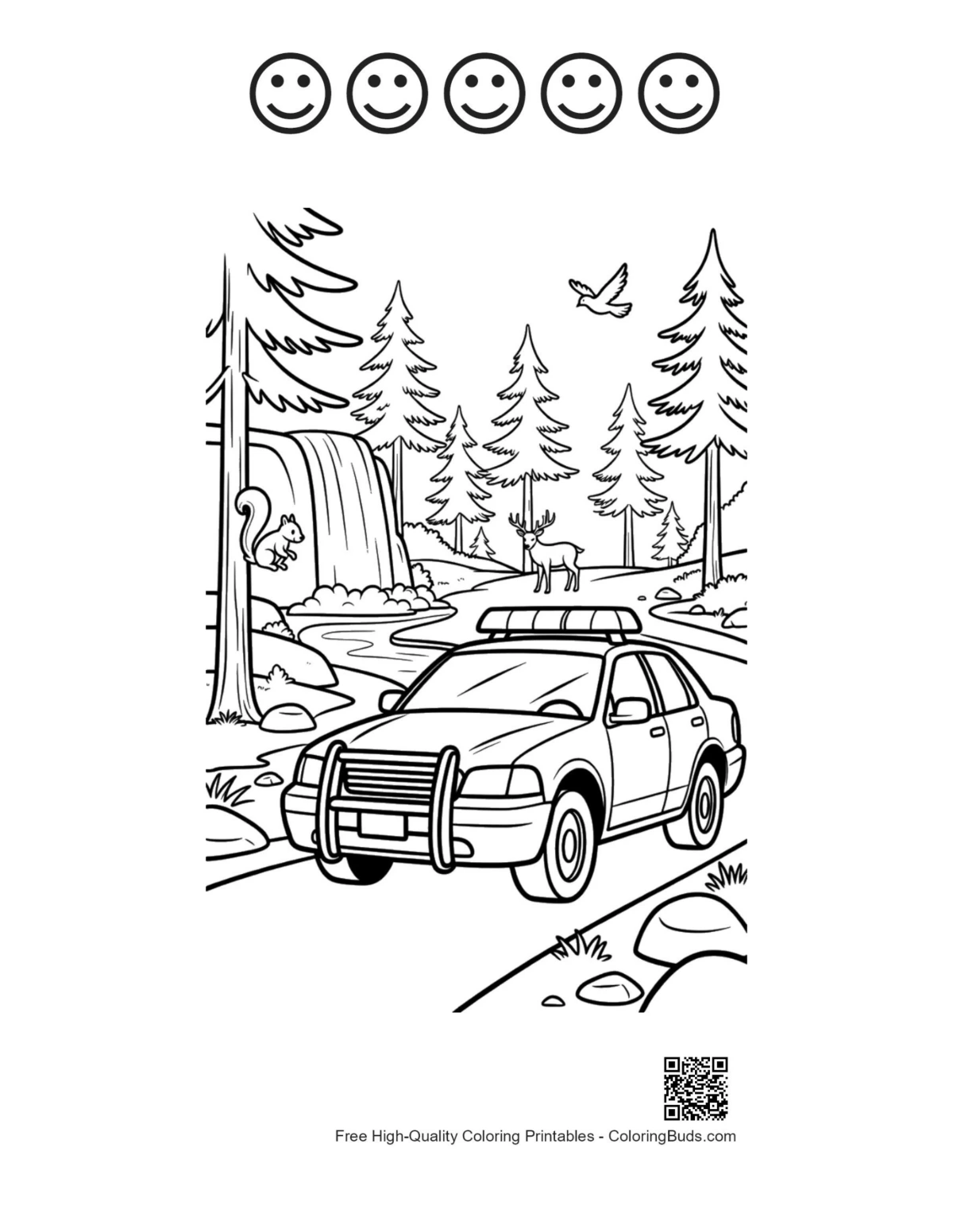 Police cruiser and 5 happy faces coloring sheet printable