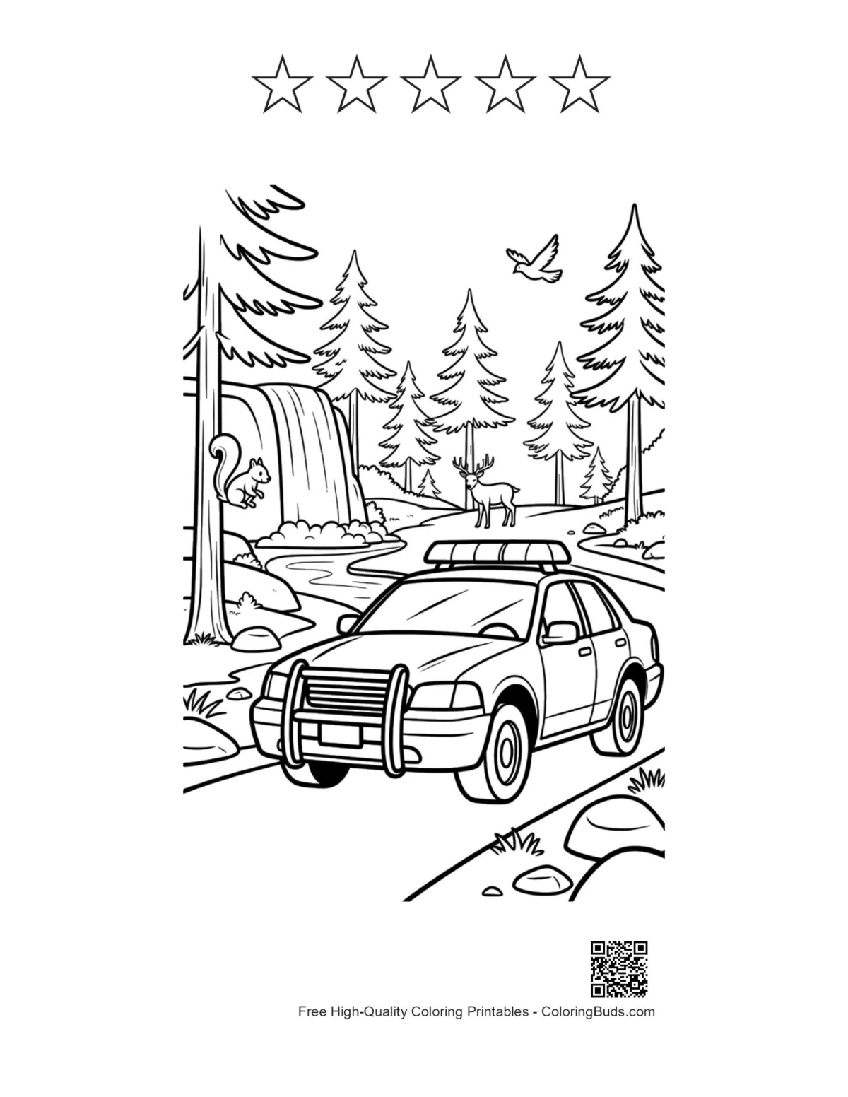 Police cruiser coloring with 5 star outlines printable