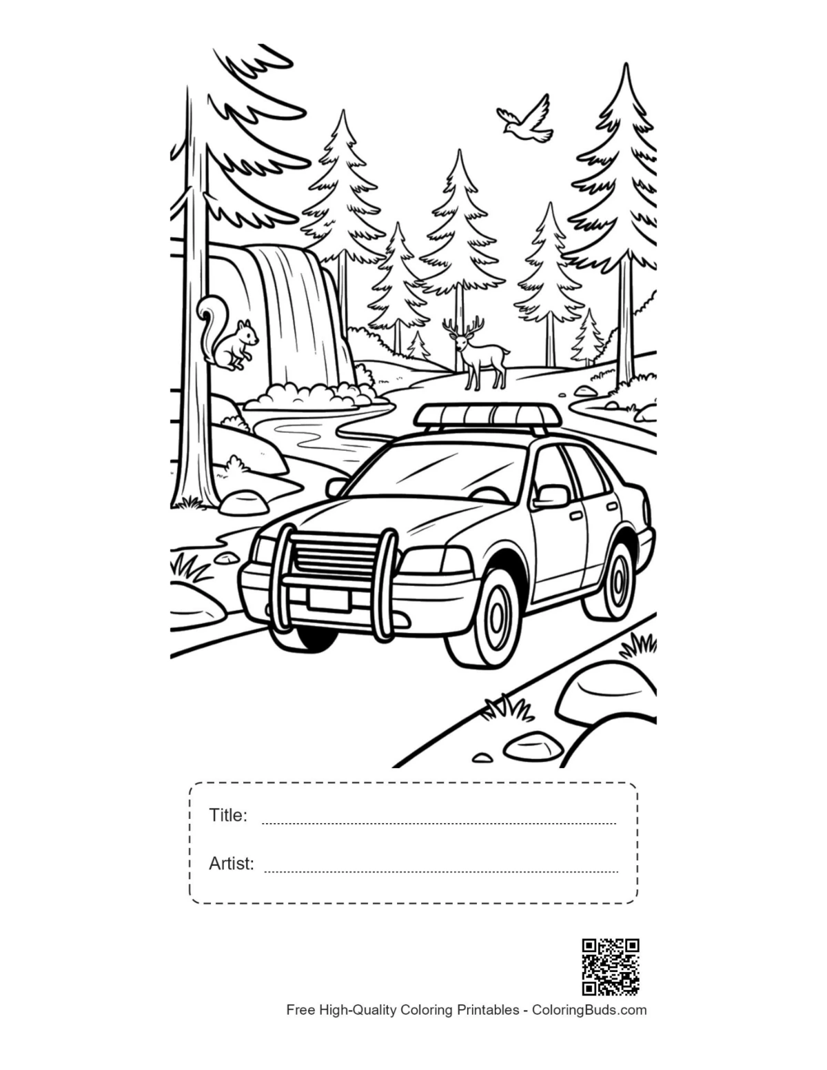 Police cruiser coloring sheet with title artist box