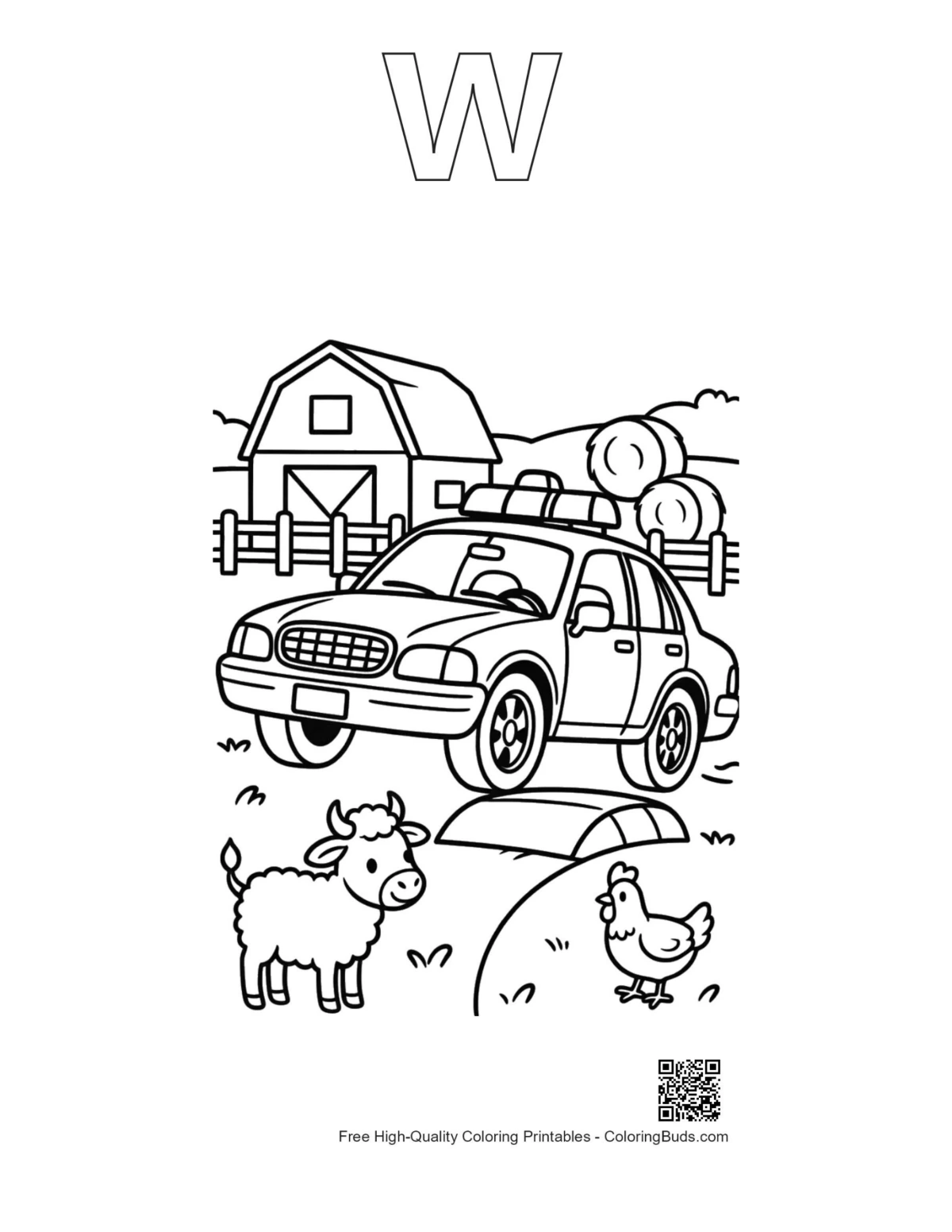 Police cruiser outline with alphabet W for kids