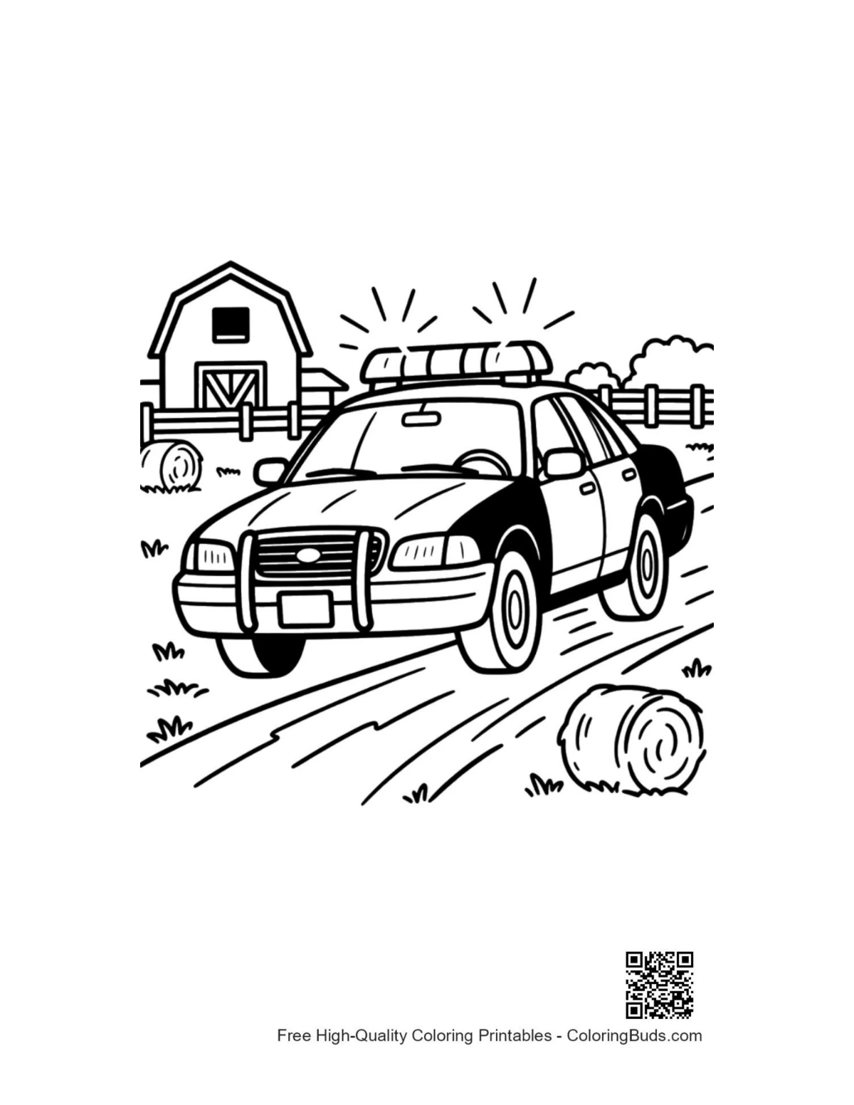 Police cruiser patrolling rural farm land coloring page