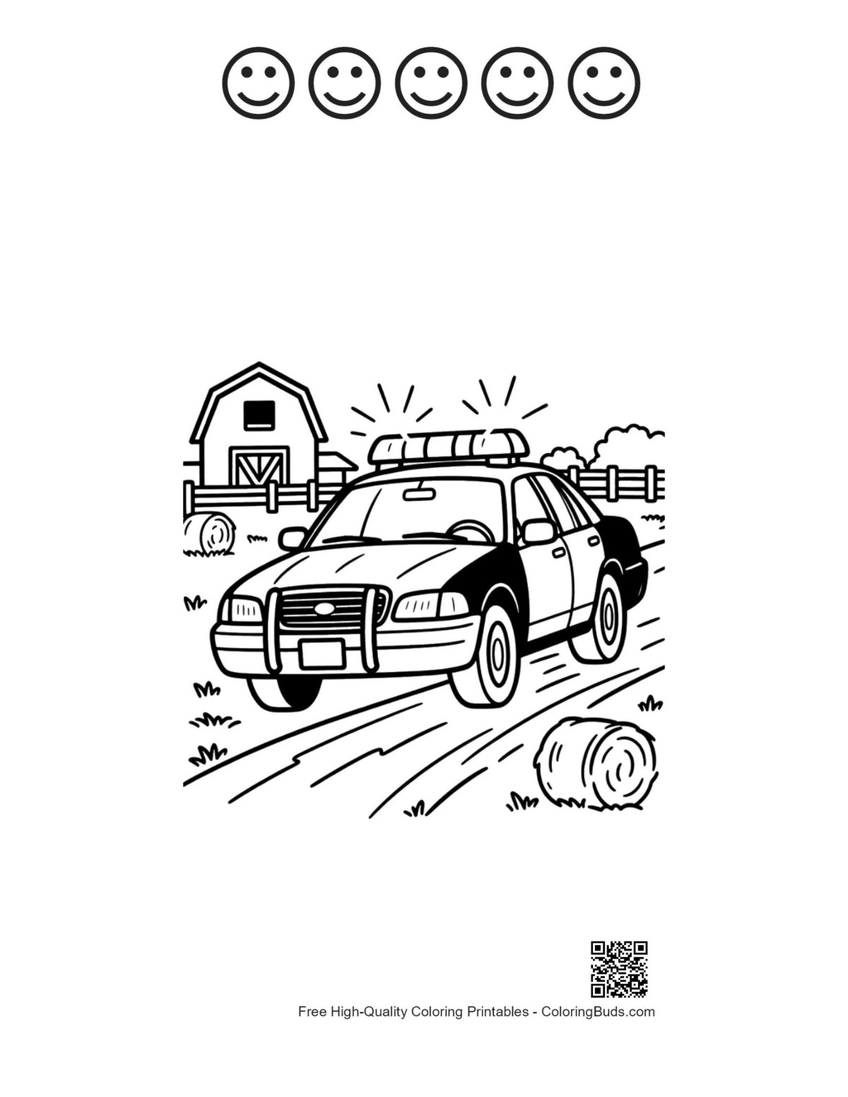Rural police cruiser with 5 happy face outlines printable