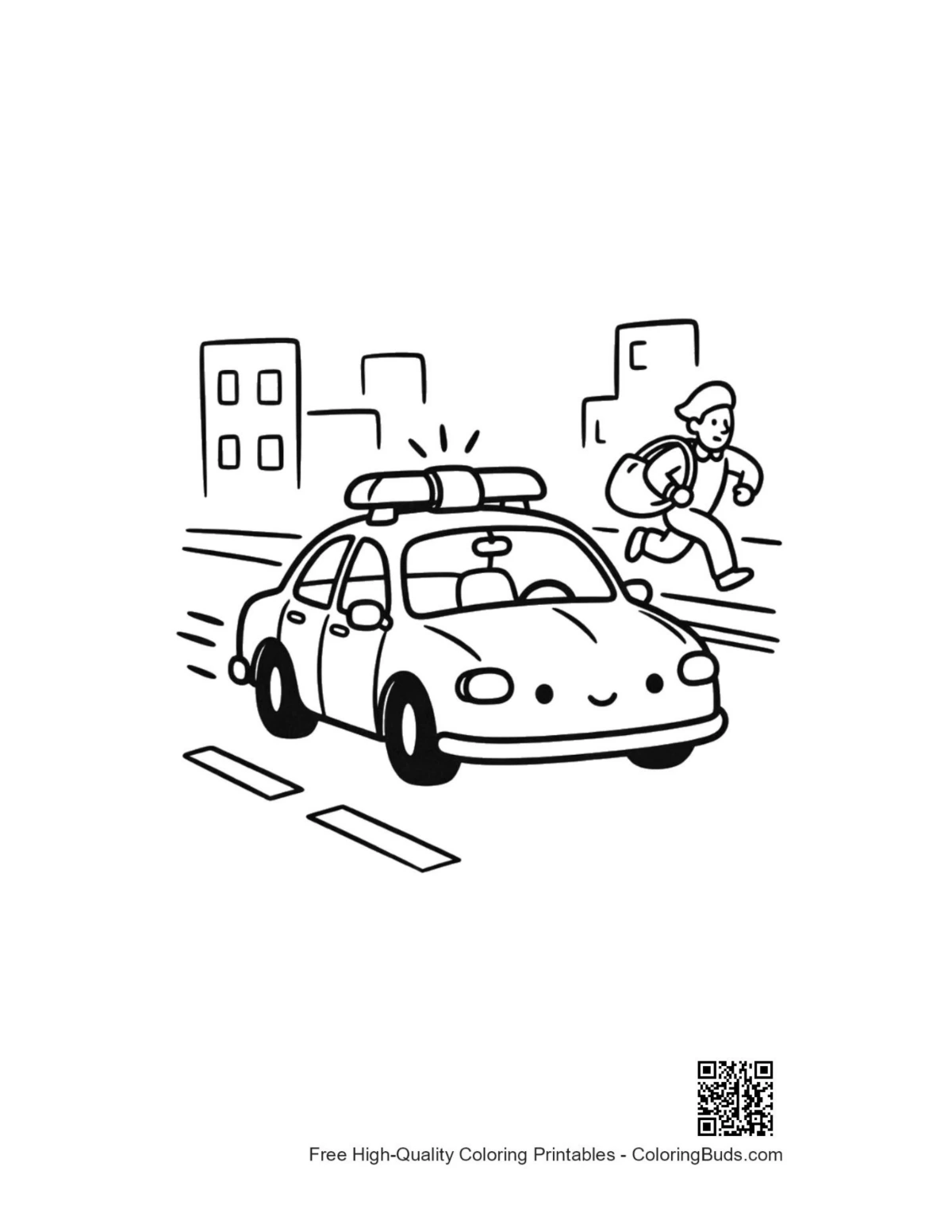 Police cruiser driving through downtown printable coloring page