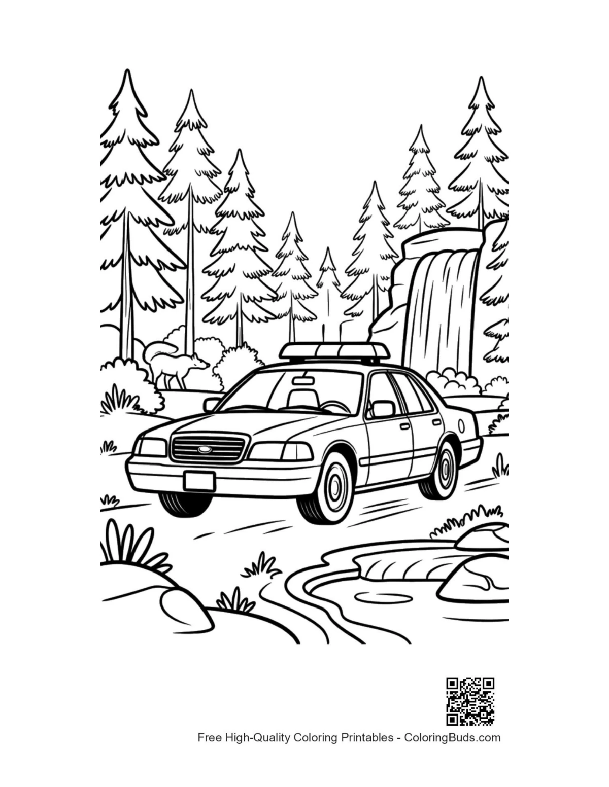 Patrol car dusty road woods printable coloring page