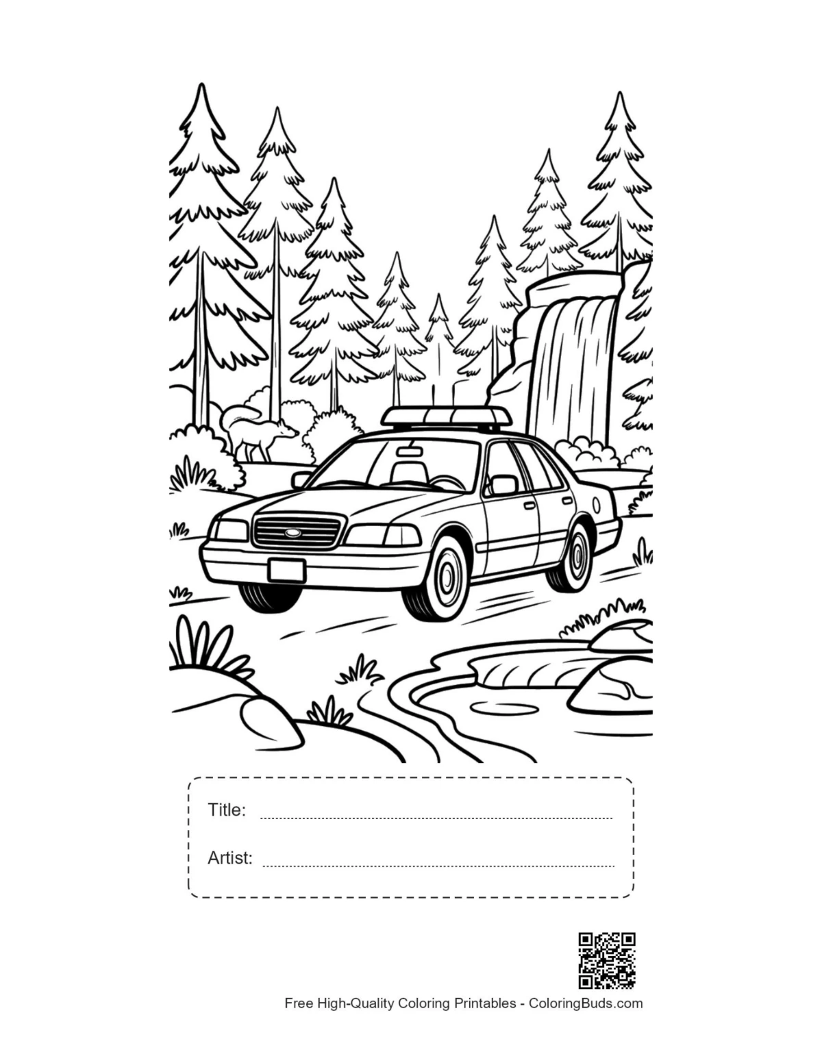 Police cruiser printable with title artist box woods road