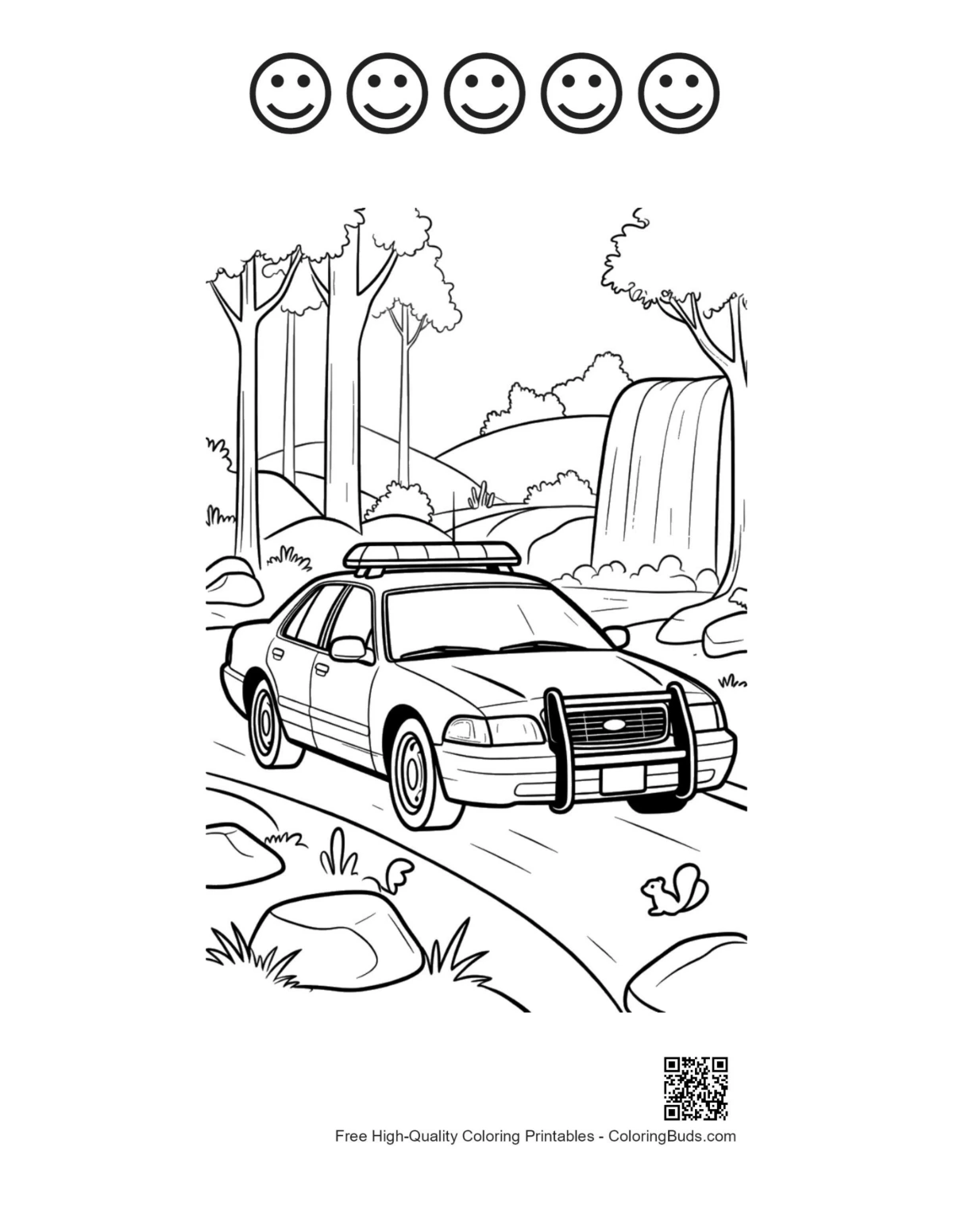 Police car with 5 happy face outlines printable