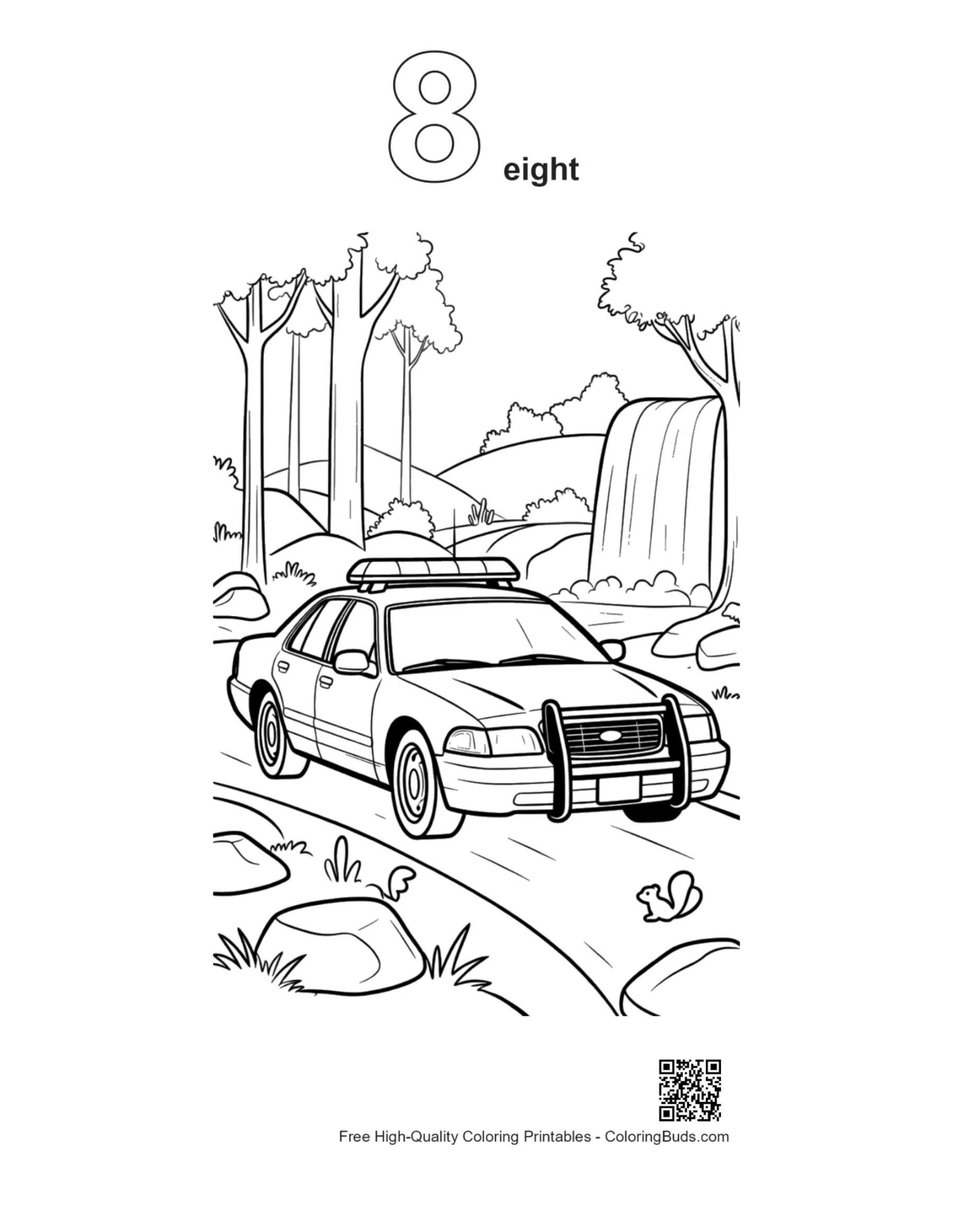 Police car waterfall outline number 8 coloring sheet