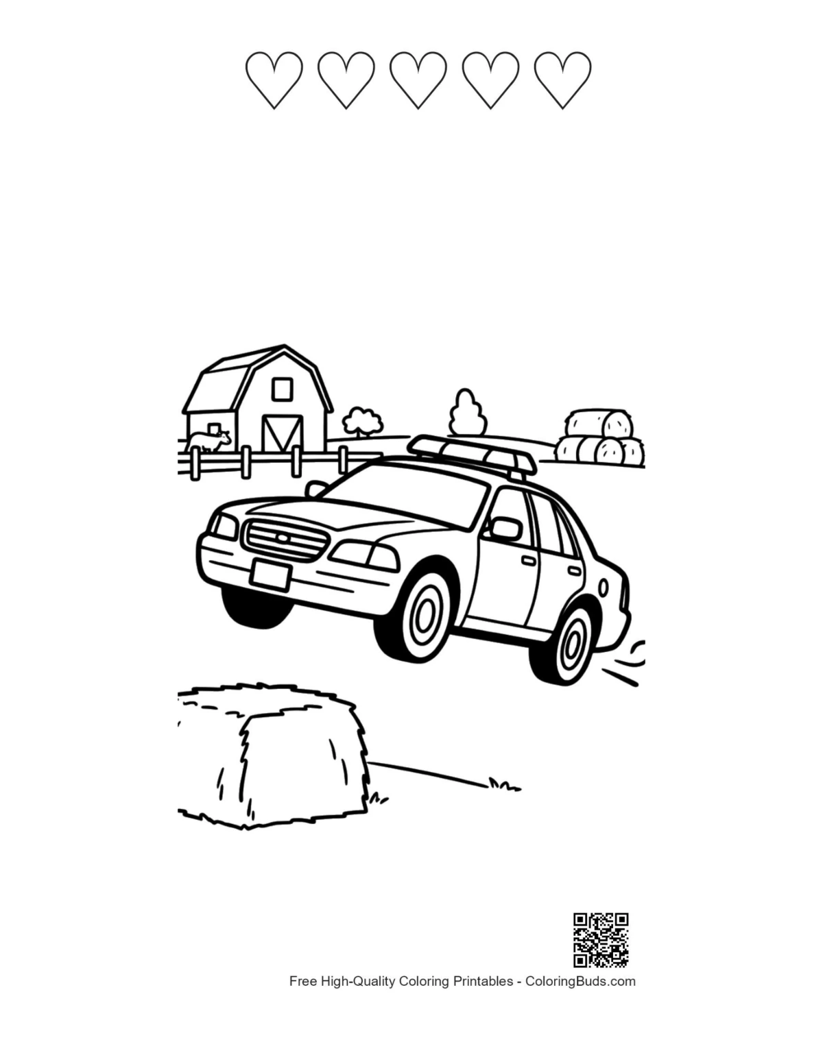 Police car past farmhouse with 5 heart outlines coloring page
