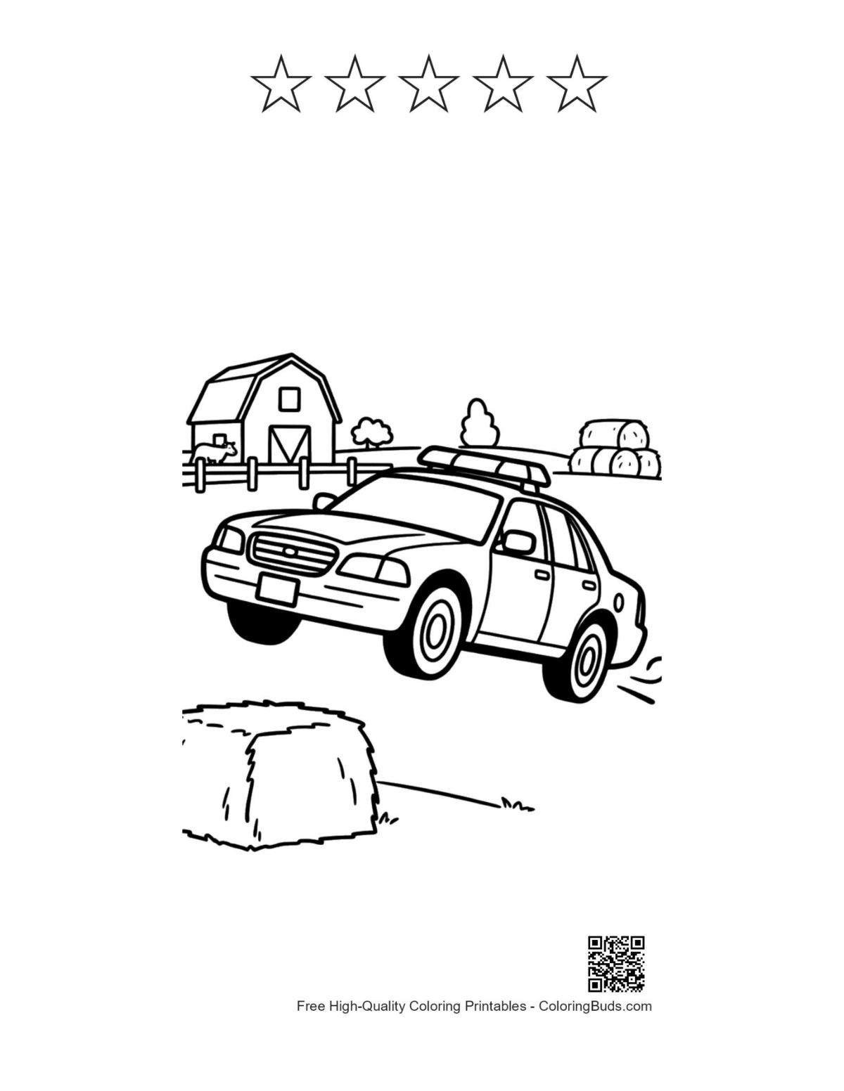 Police car speeding farmhouse with 5 star outlines printable
