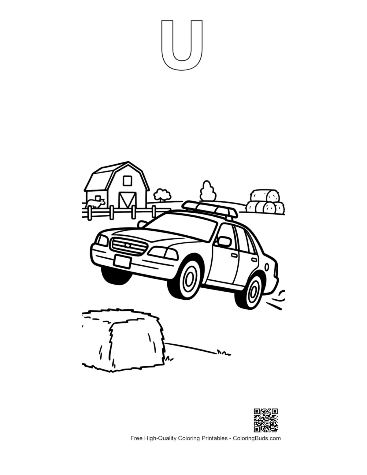 Police cruiser farmhouse outline with alphabet U coloring
