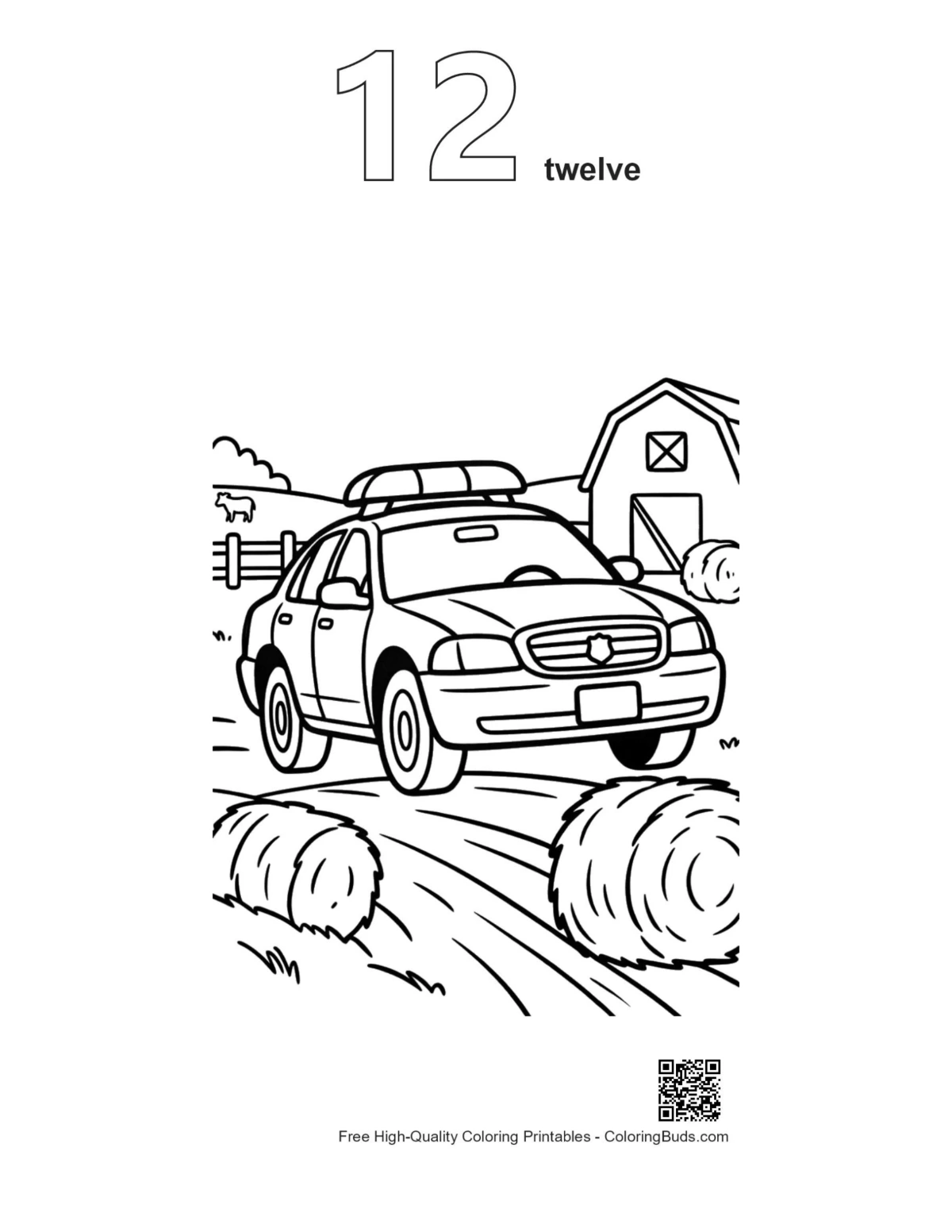 Police patrol car hay bales outline number 12 printable