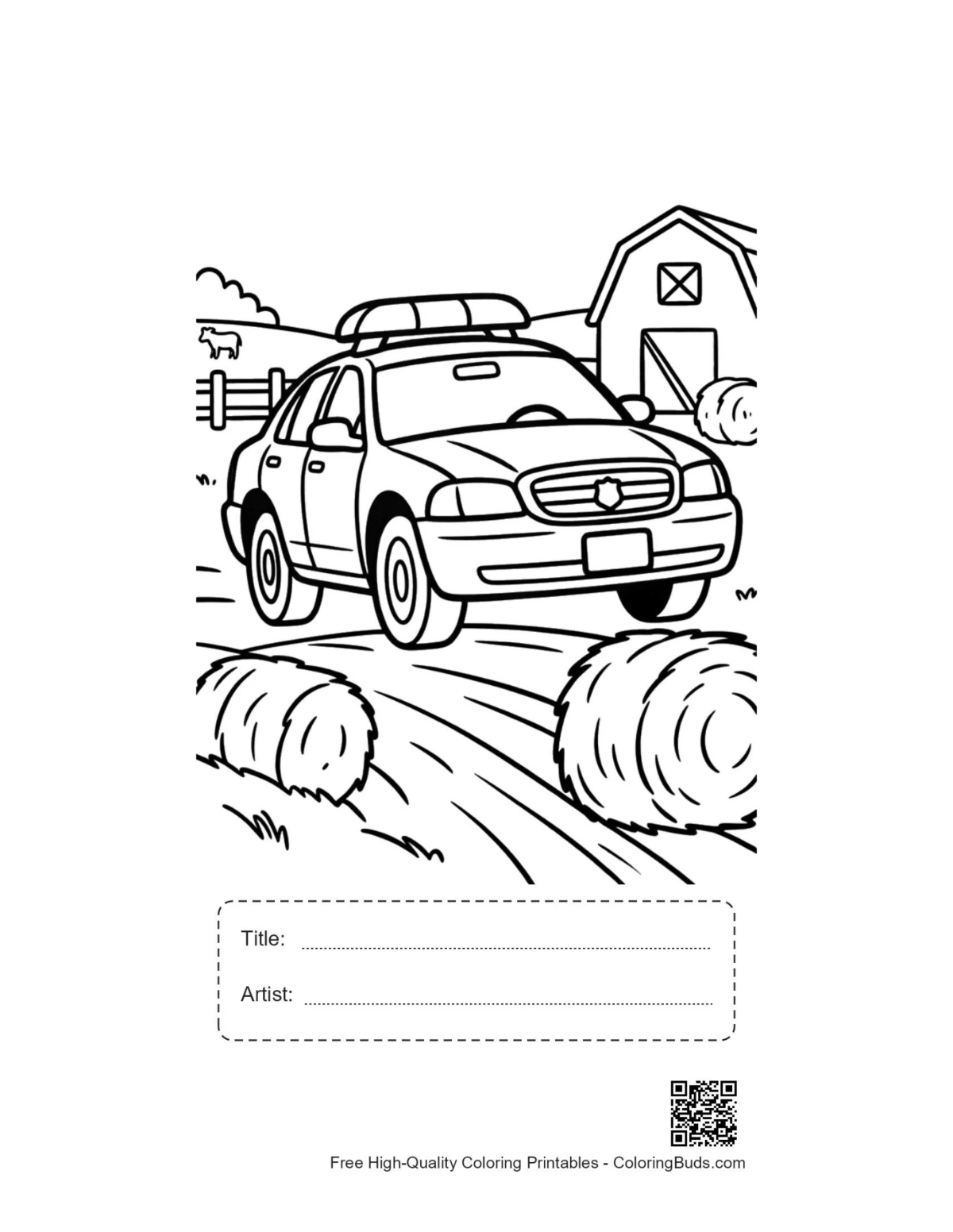 Police car hay bales printable with title artist box