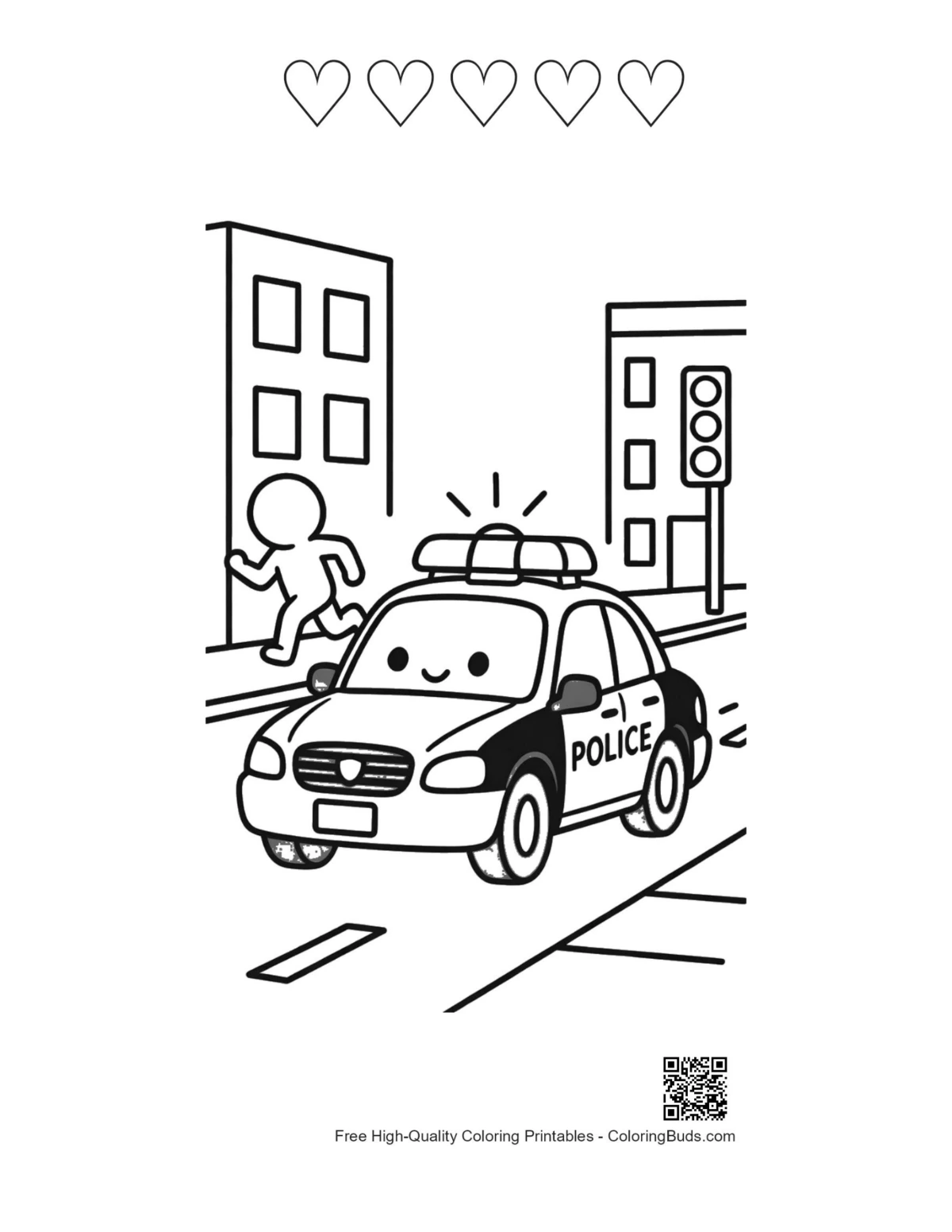 Police cruiser urban patrol with 5 hearts outline printable