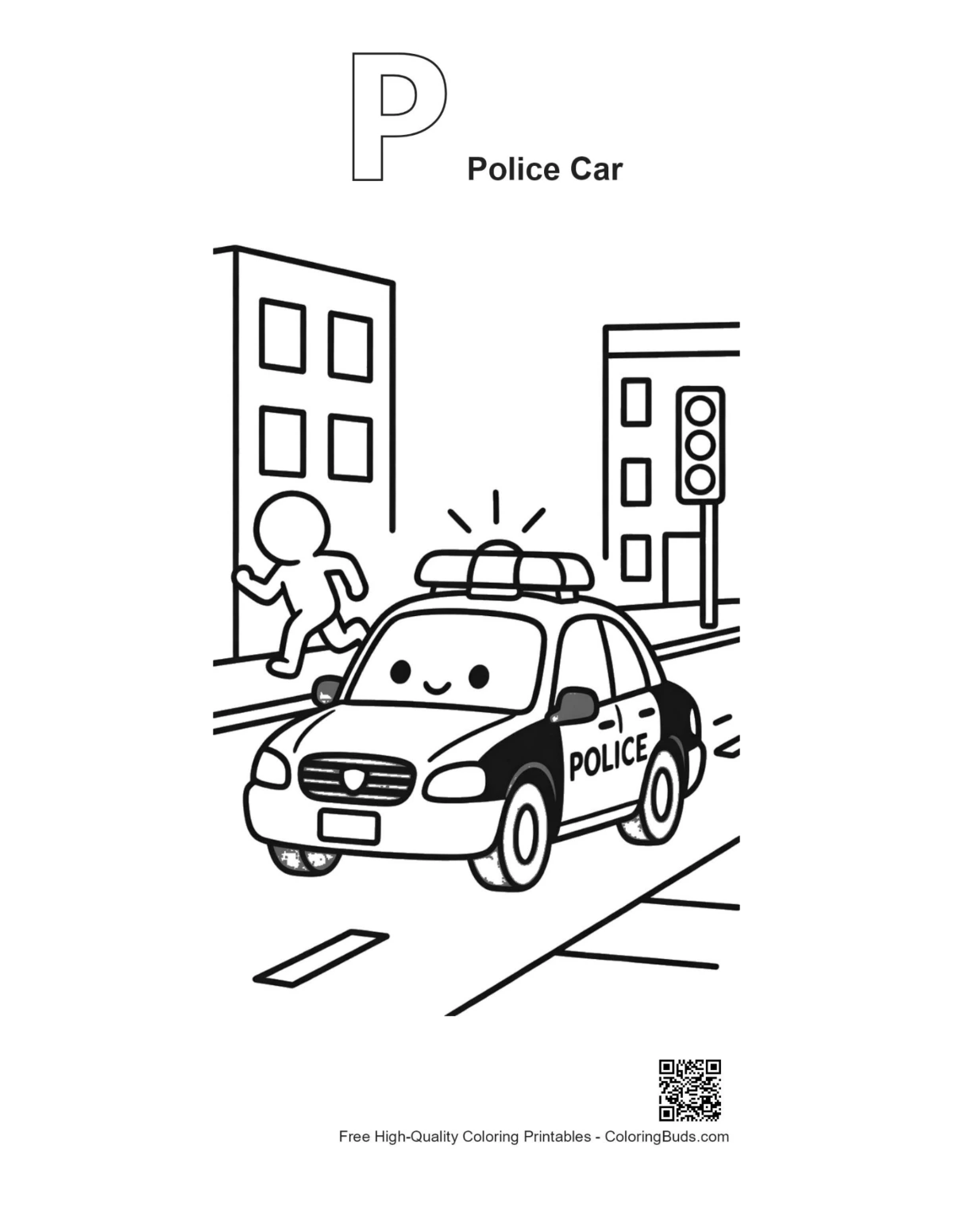 Police car coloring alphabet P outline urban patrol printable