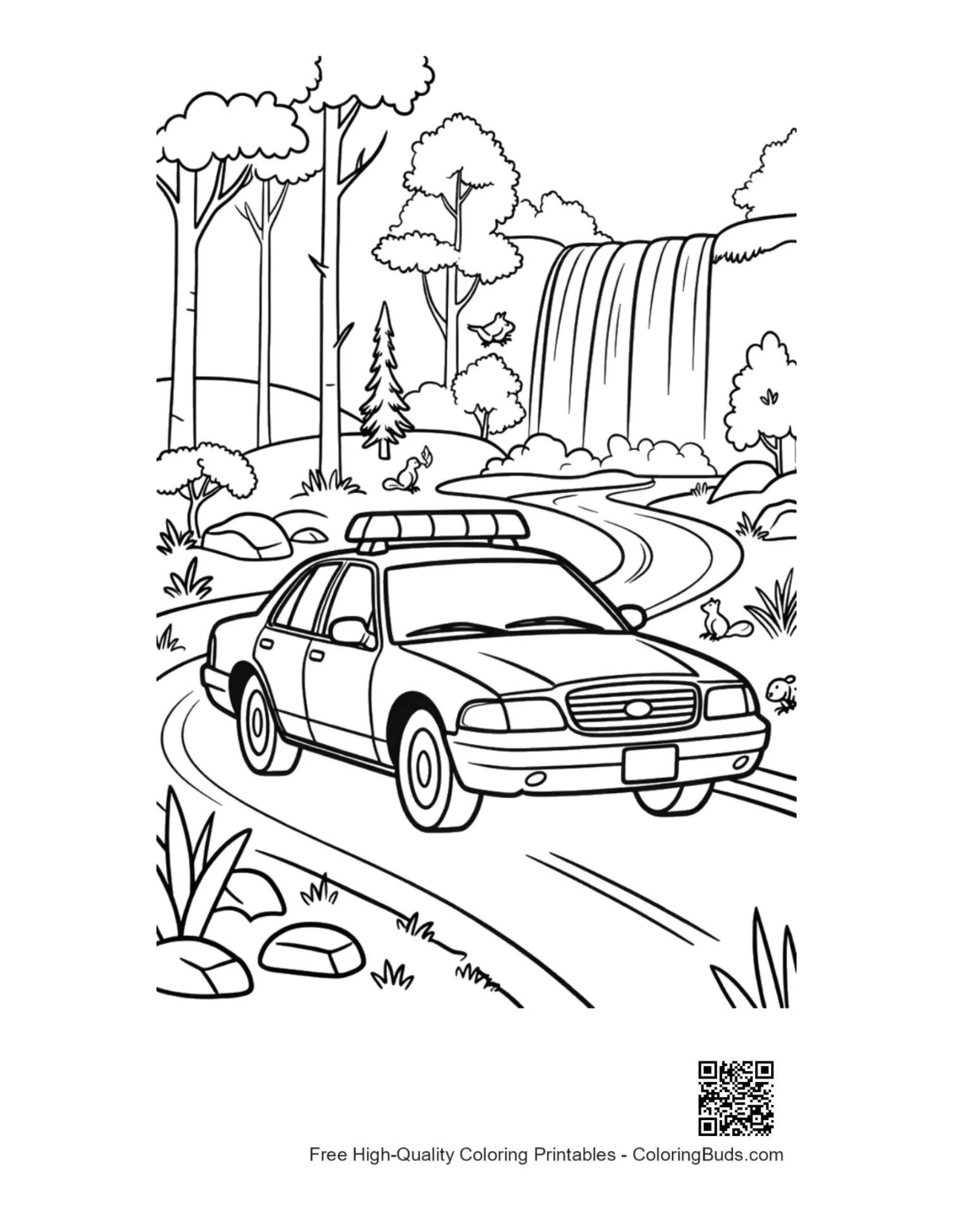 Police patrol cruiser autumn forest printable coloring page