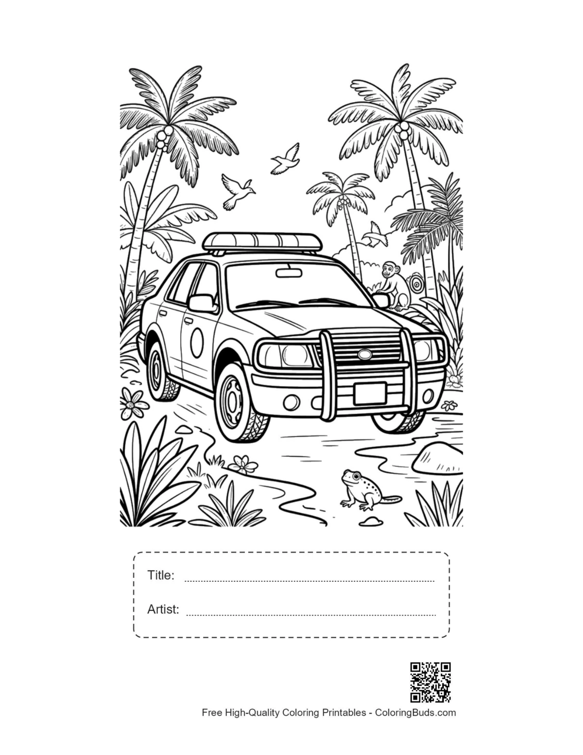 Police SUV jungle palms printable with title box
