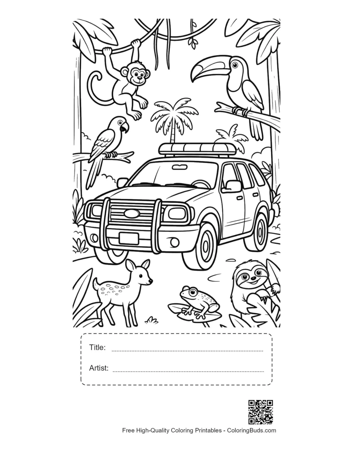 Police SUV jungle printable with title box