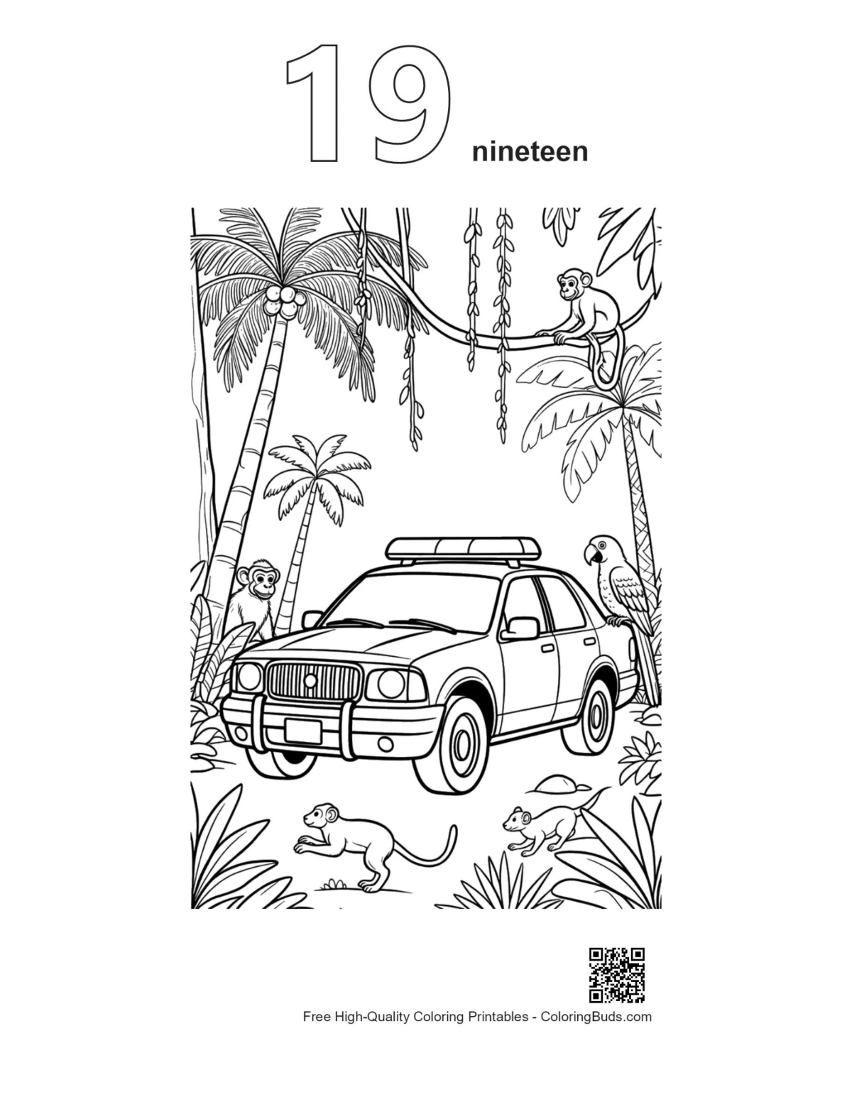 Police cruiser woods outline number 19 printable sheet