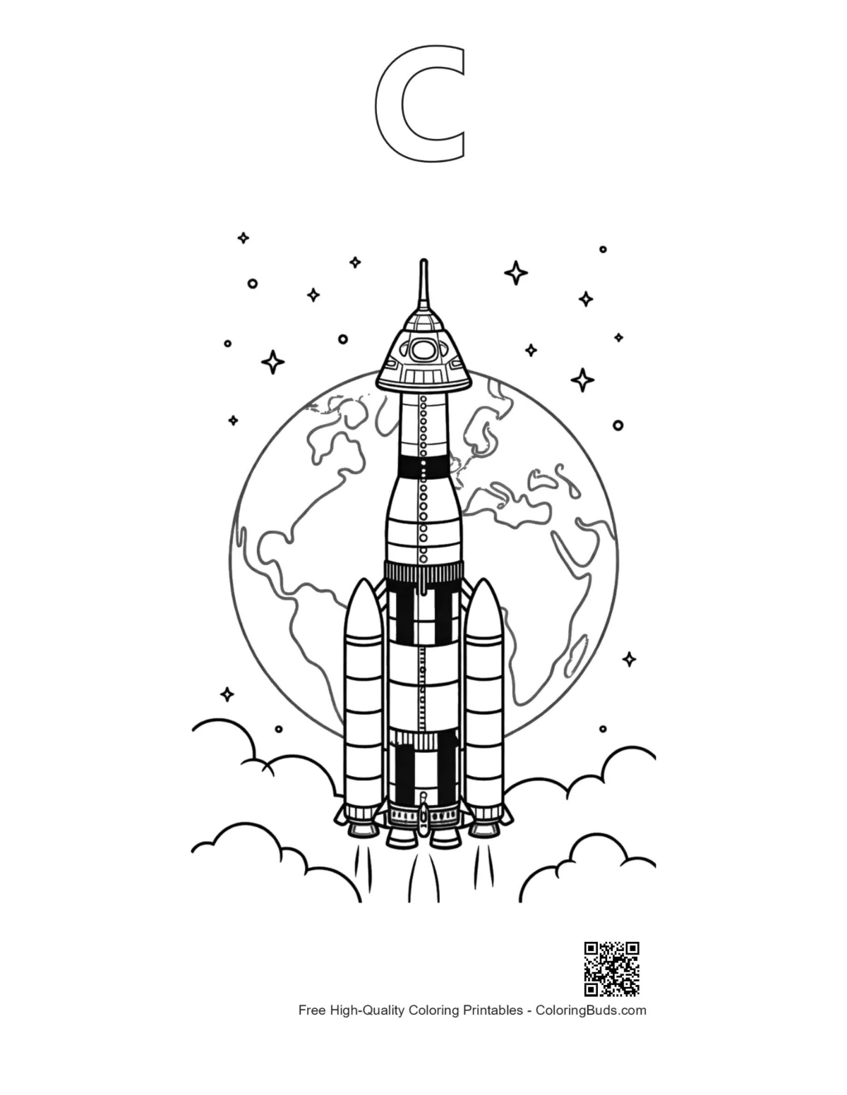 Cute Saturn V outline with alphabet C coloring page