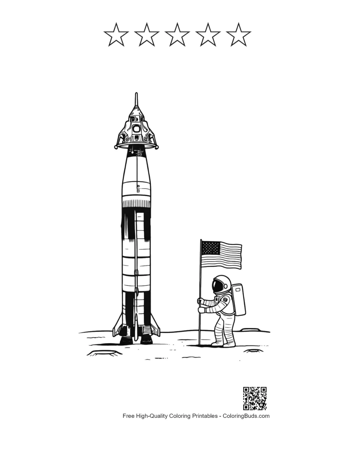 Cute Saturn V with 5 stars outline printable