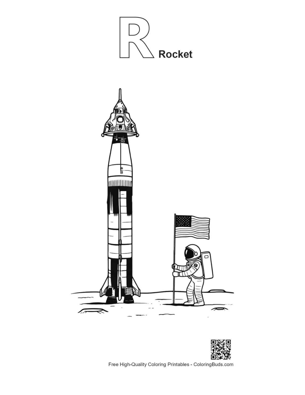 Cute Saturn V outline with alphabet R rocket