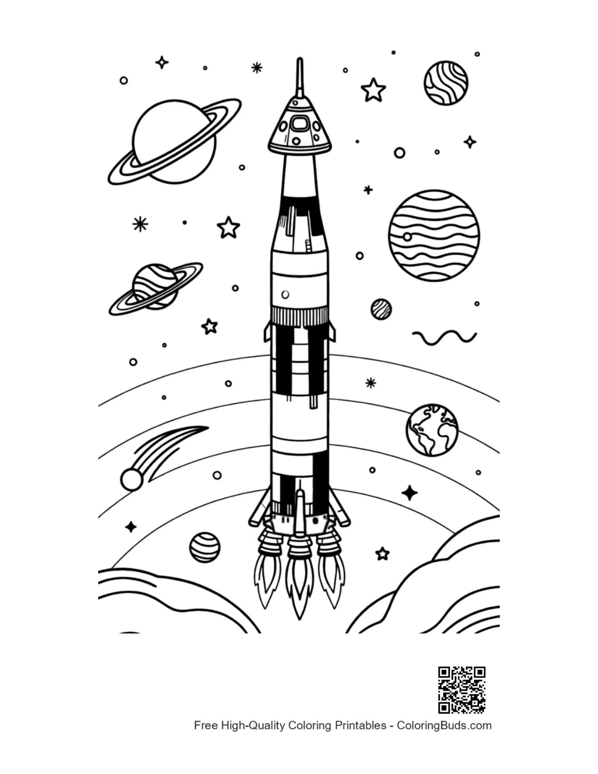 Easy Saturn V rocket printable coloring page