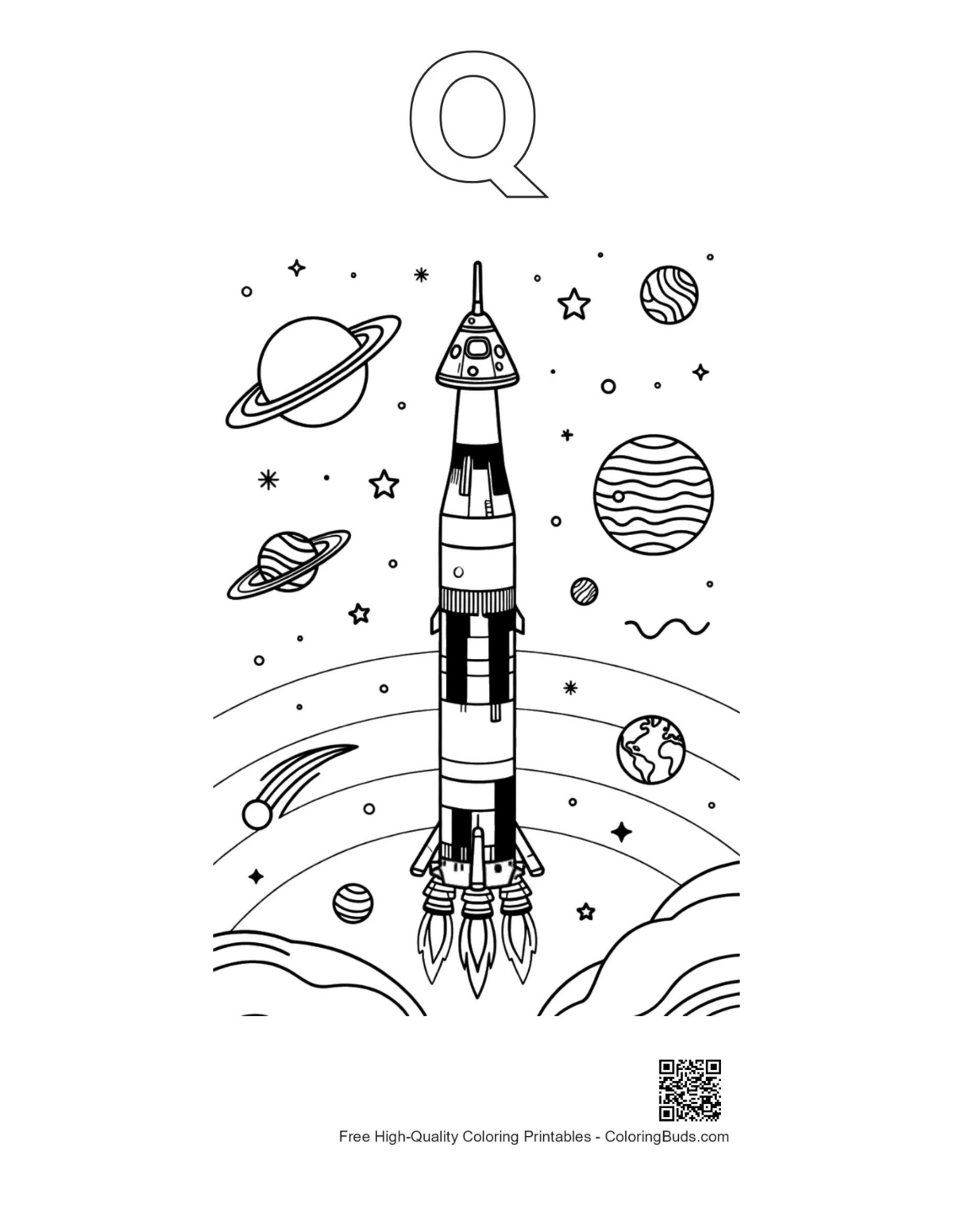 Easy Saturn V outline with alphabet Q printable