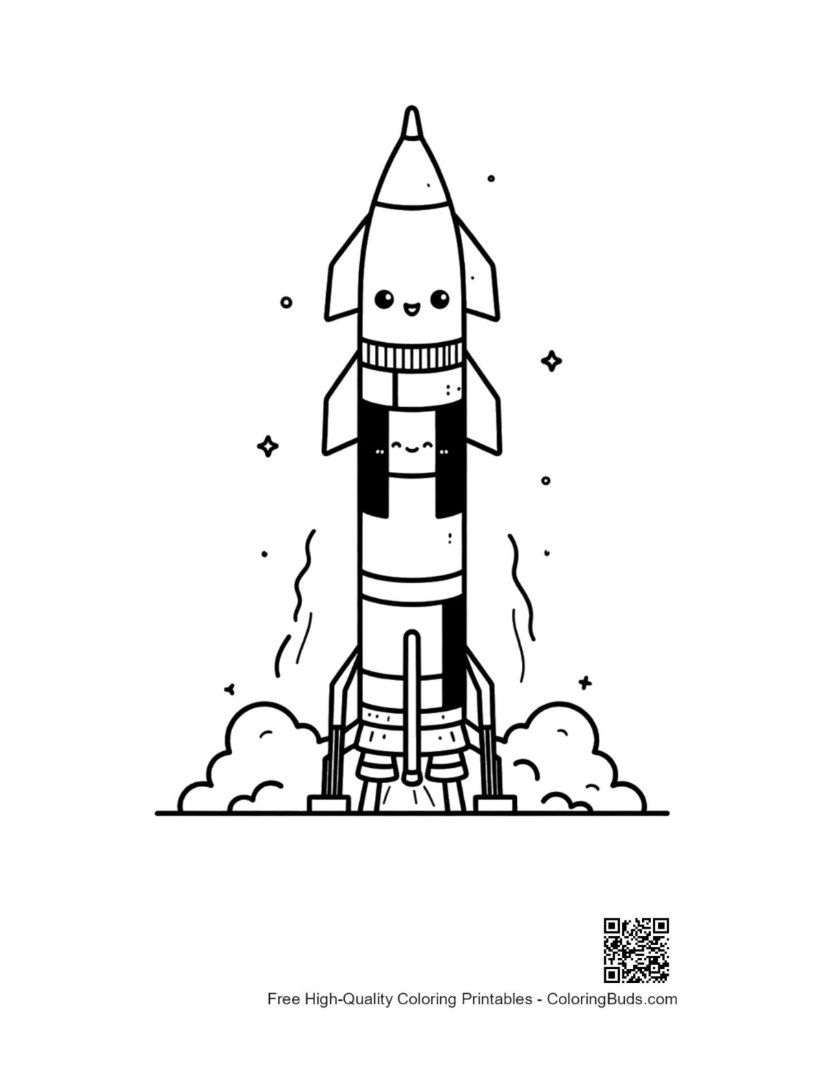 Kawaii Saturn V smiley rocket on launchpad printable