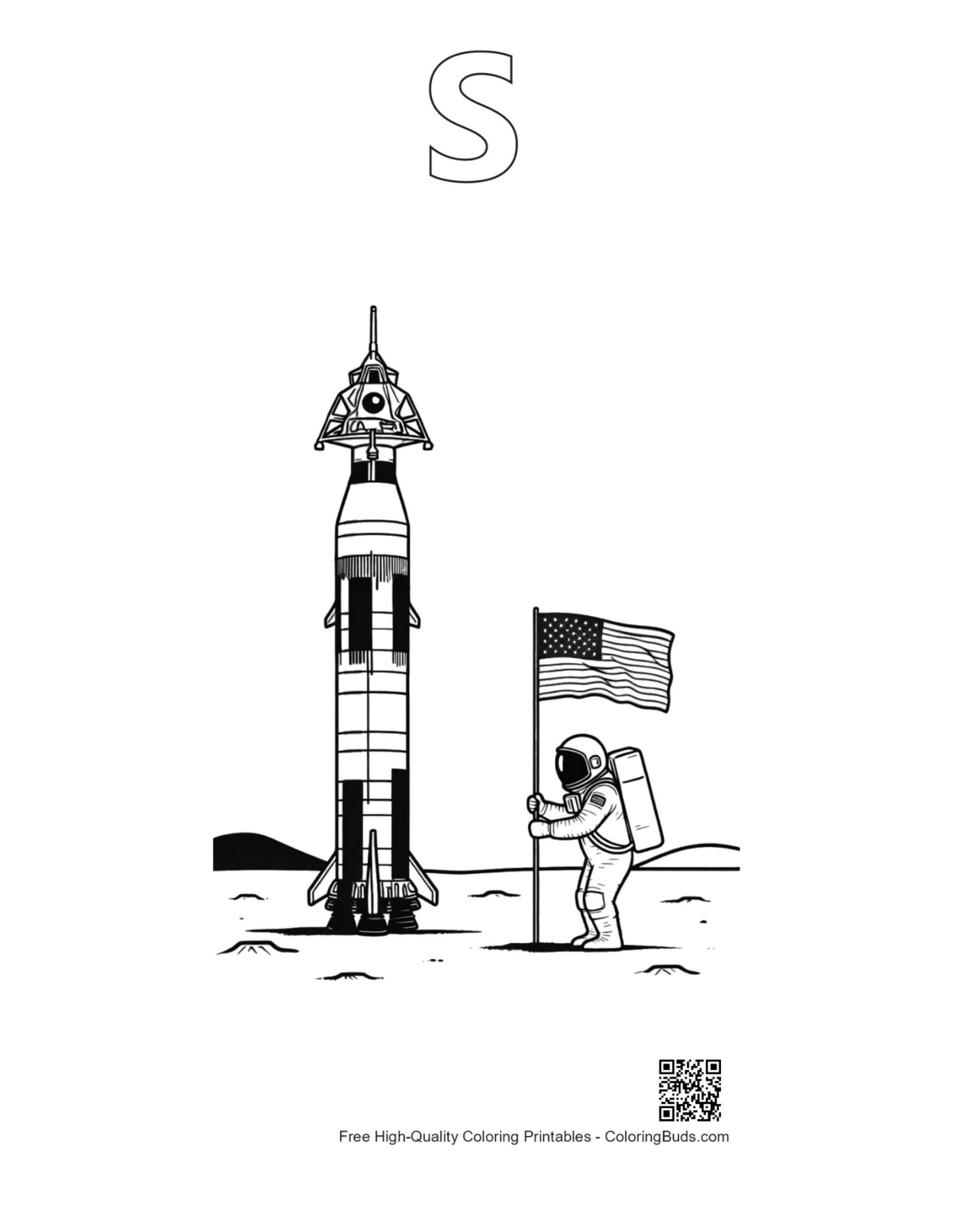 Saturn V Astronaut Flagge Umriss Buchstabe S Ausmalbild