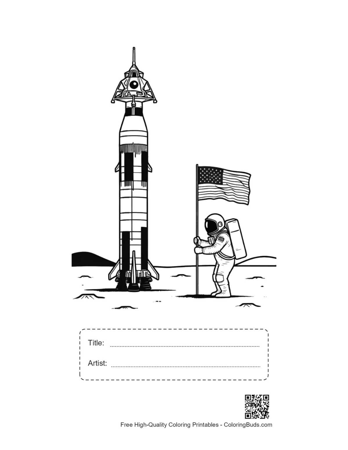 Saturn V Mondlandung druckbar mit Titel Künstlerfeld