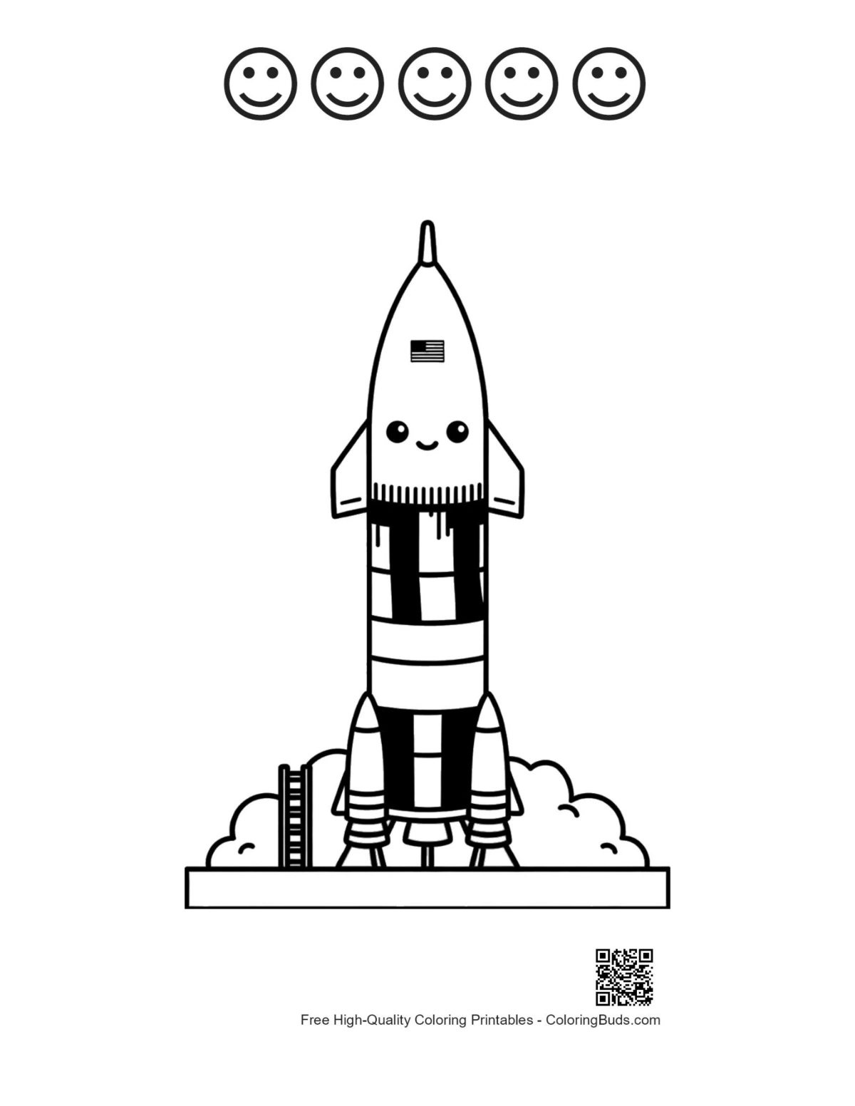 Saturn V launch tower coloring with 5 happy faces